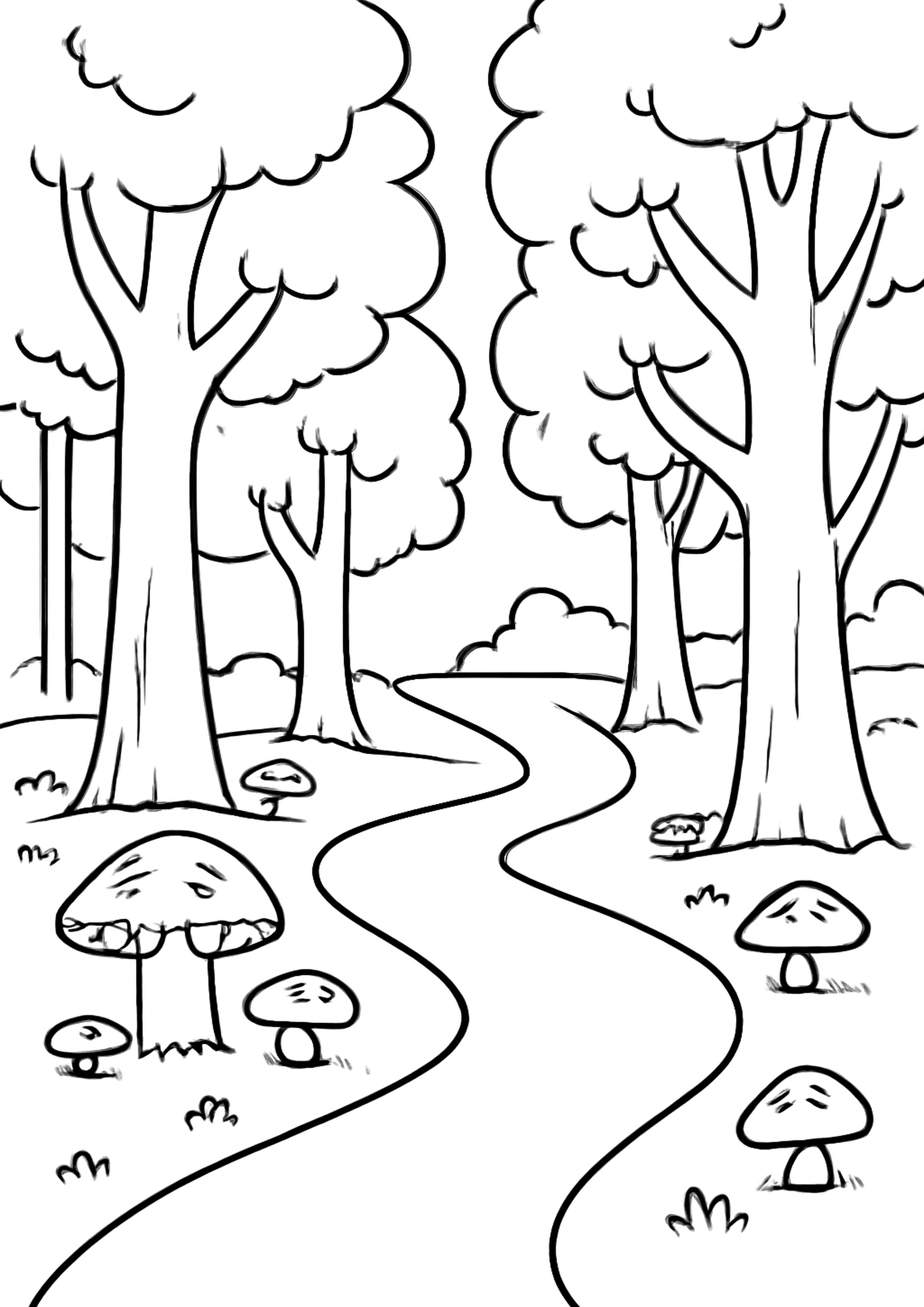Coloriage foret magique a imprimer, dessin au trait simple pour enfants
