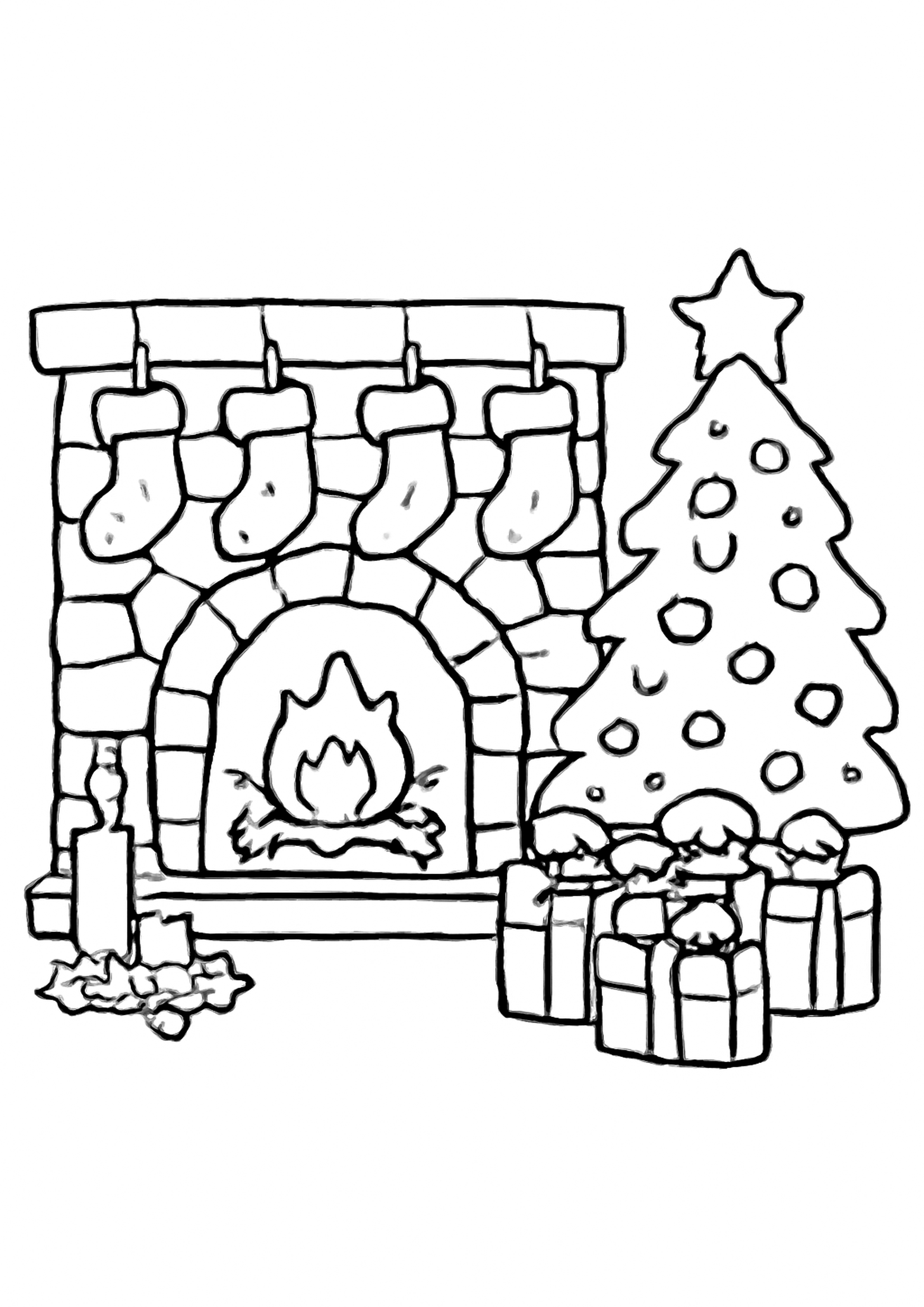 Coloriage cheminee de noel a imprimer, dessin au trait simple pour enfants