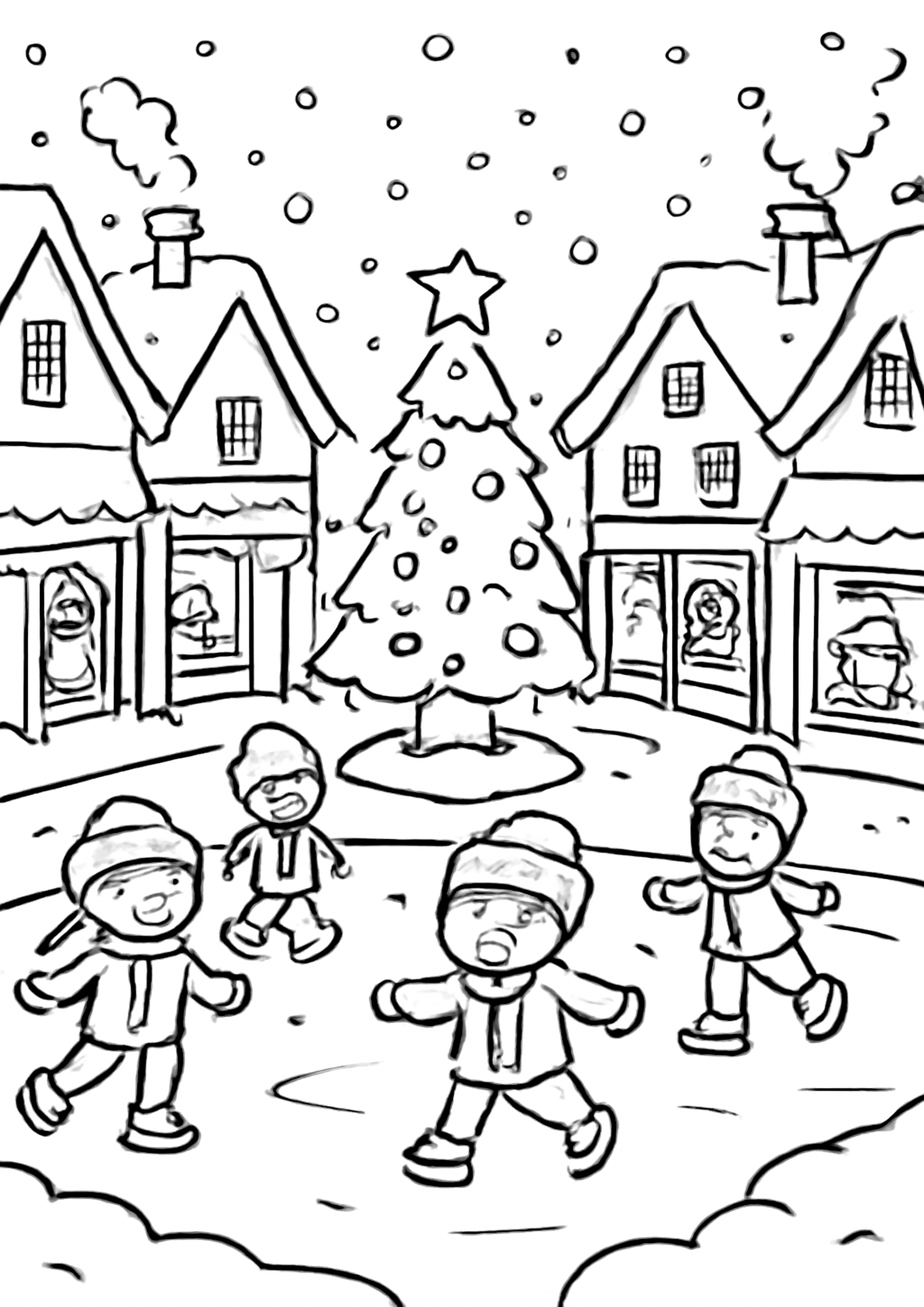 Coloriage village d hiver enneige a imprimer, dessin au trait simple pour enfants