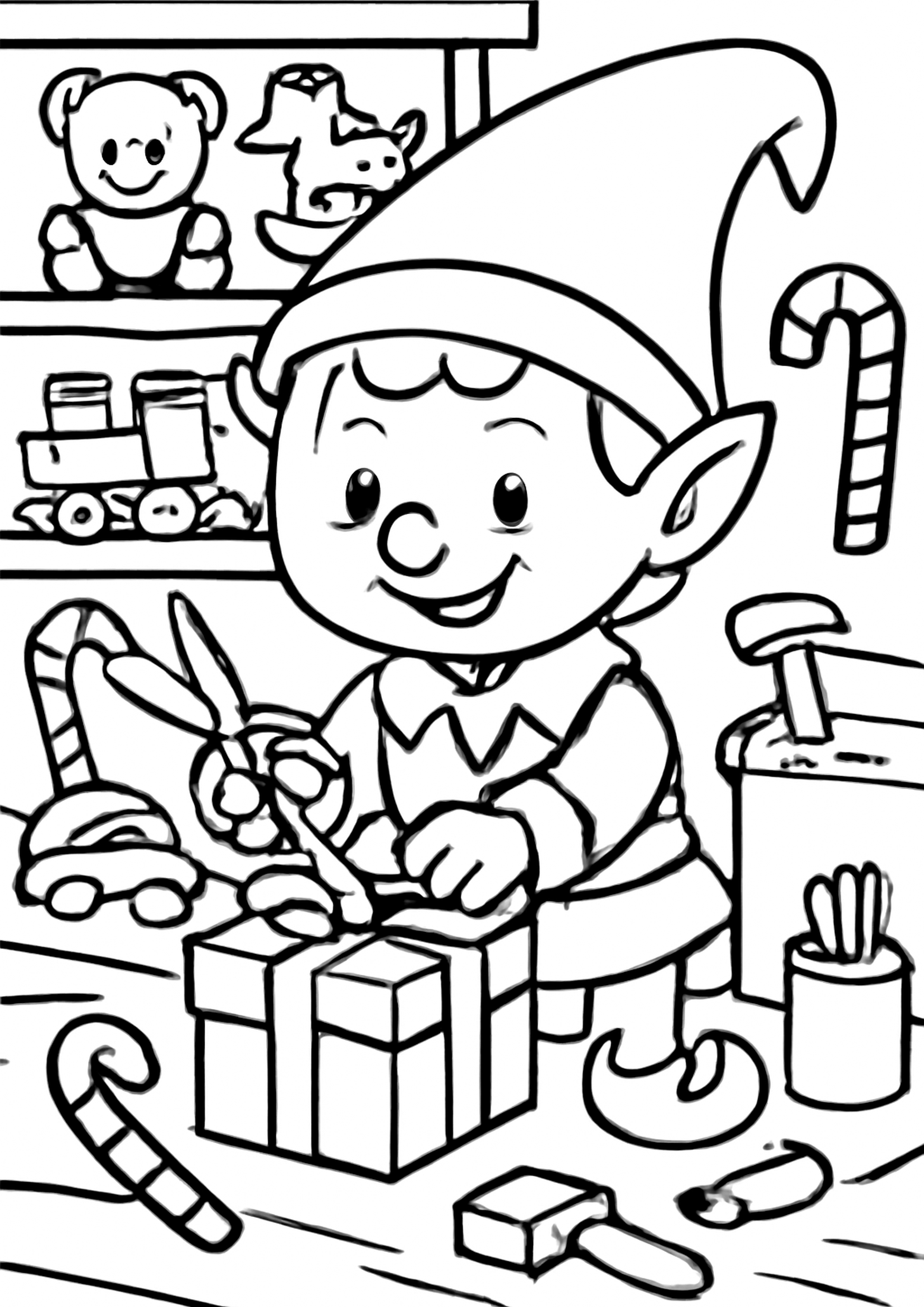 Coloriage lutin dans l atelier a imprimer, dessin au trait simple pour enfants