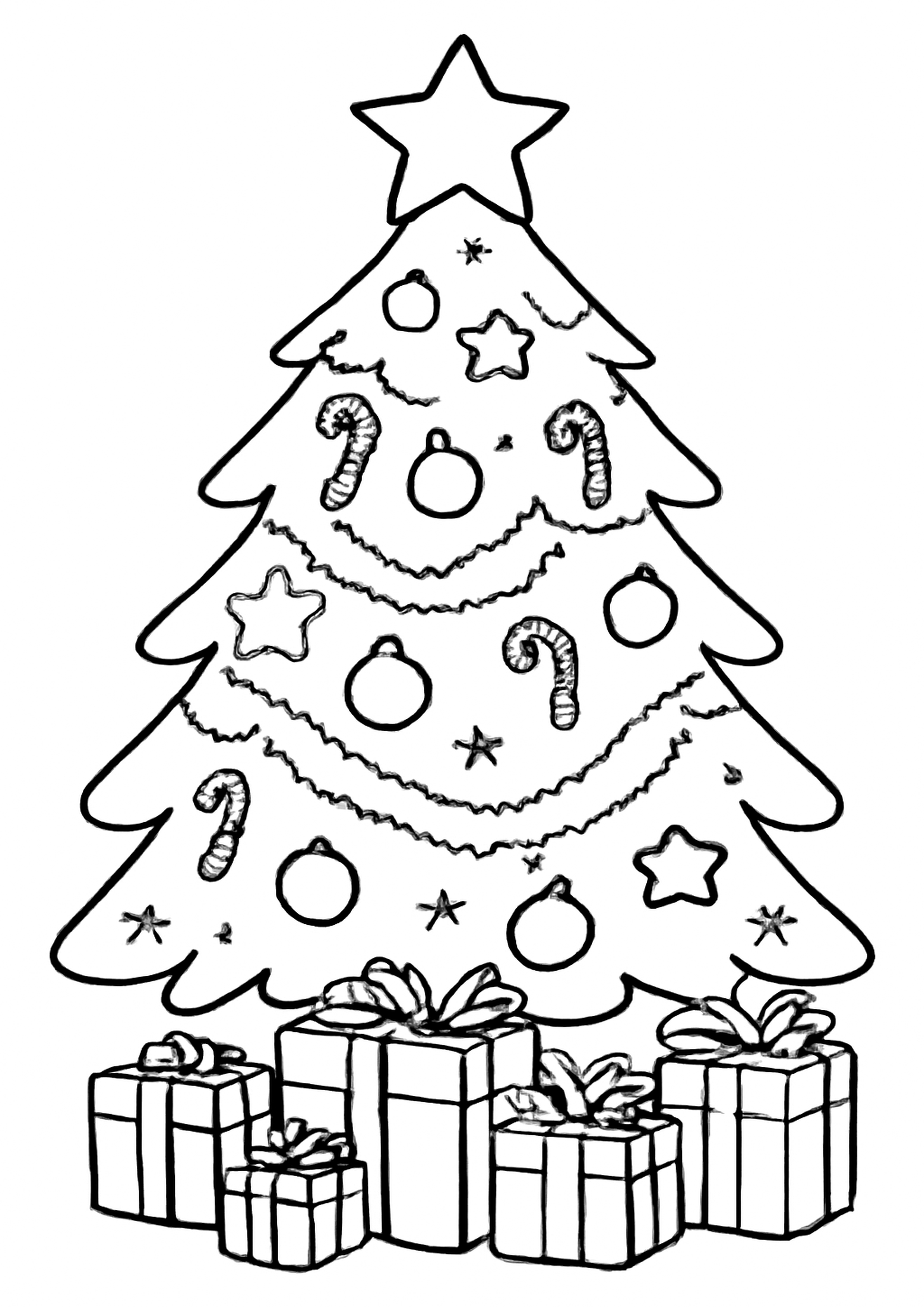Coloriage sapin de noel decore a imprimer, dessin au trait simple pour enfants
