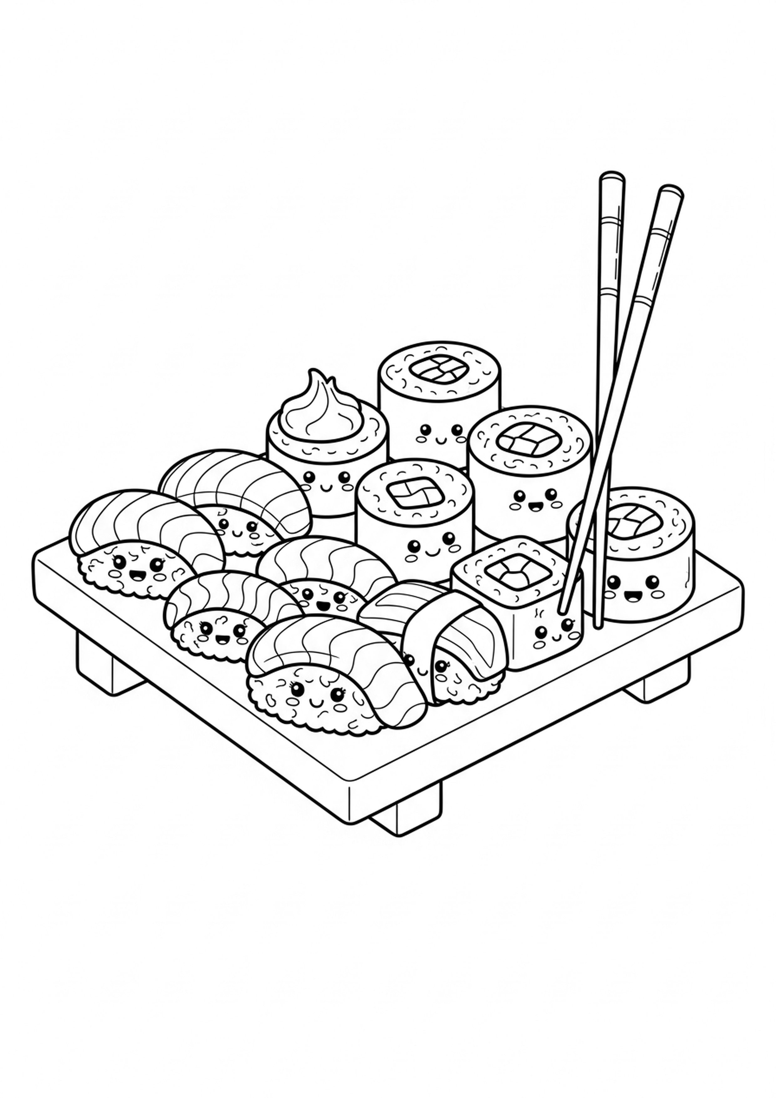 Coloriage plateau de sushis a imprimer, dessin au trait simple pour enfants