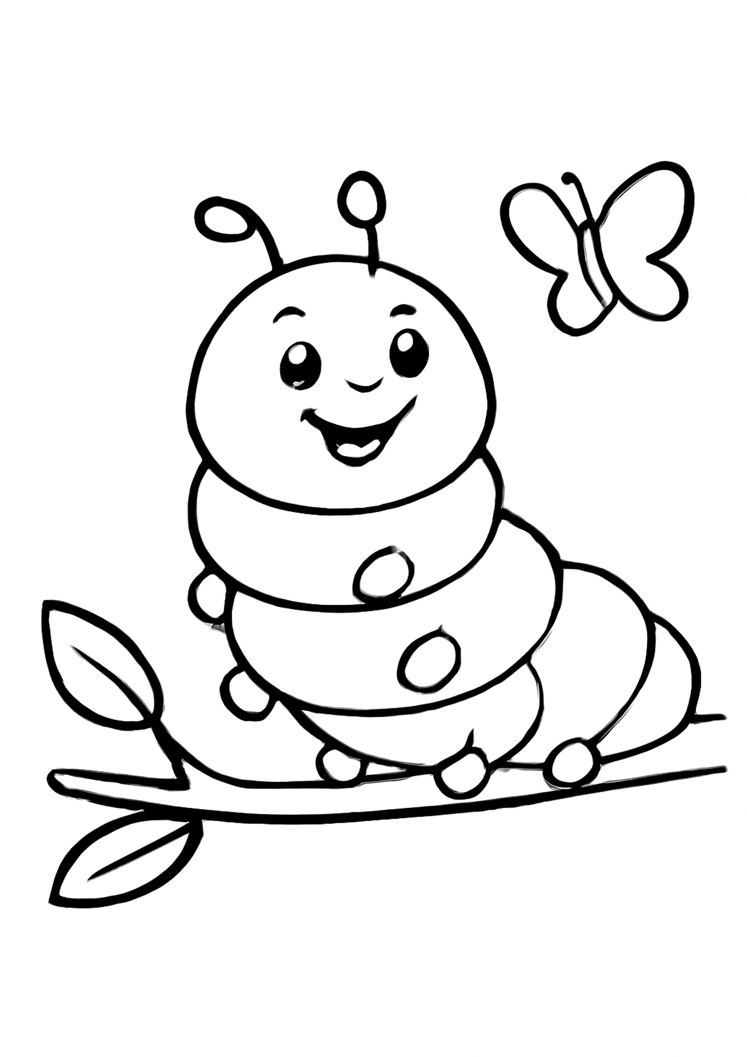 Coloriage chenille et papillon a imprimer, dessin au trait simple pour enfants