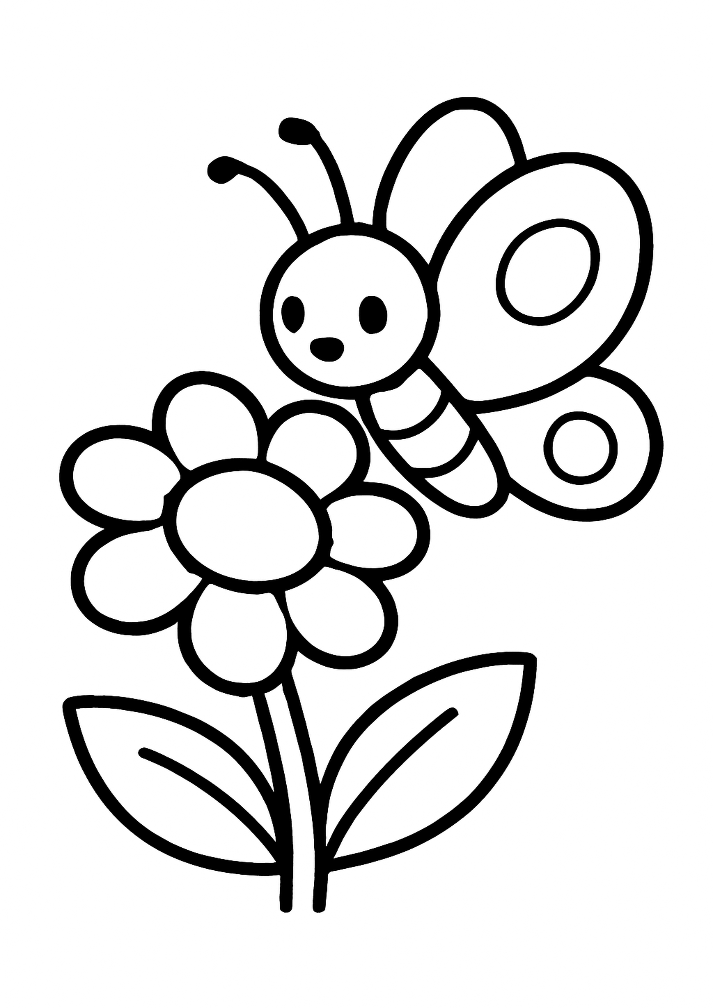 Coloriage papillon dans le jardin a imprimer, dessin au trait simple pour enfants