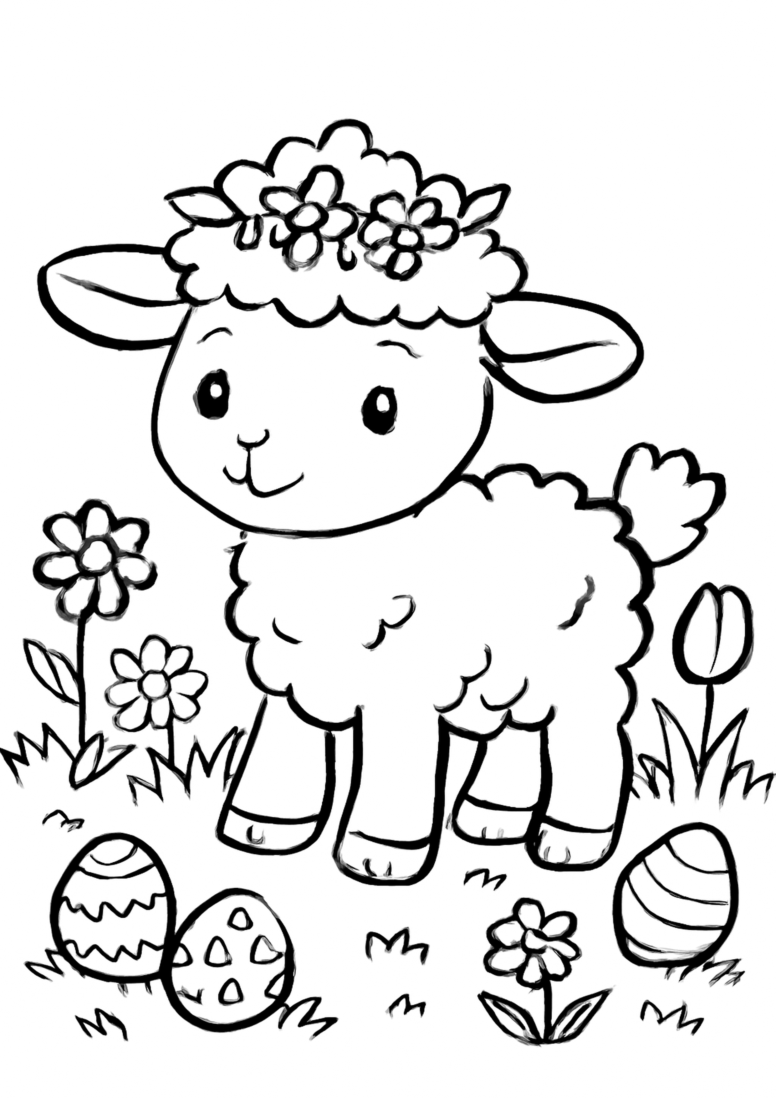 Coloriage agneau dans la prairie a imprimer, dessin au trait simple pour enfants