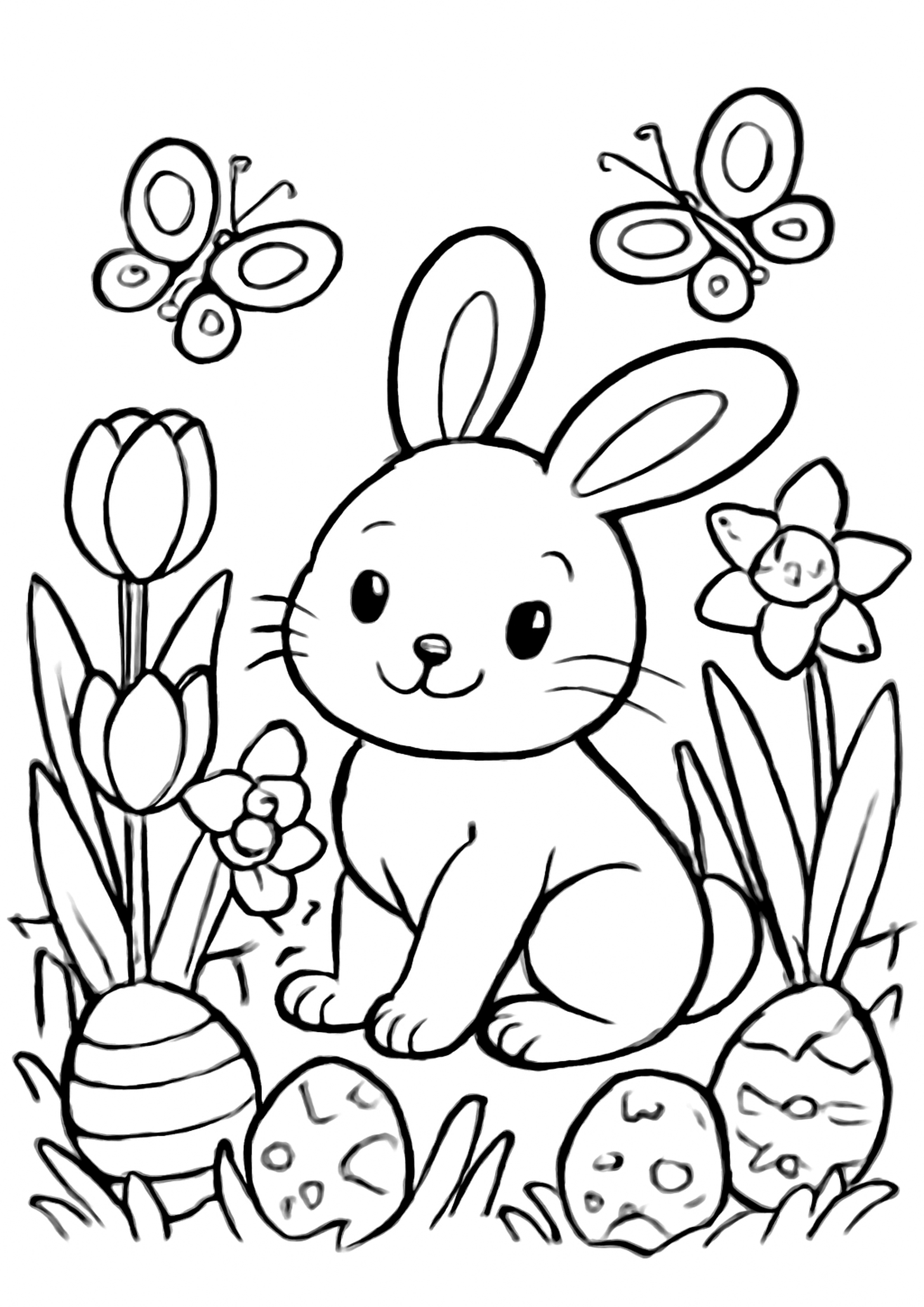 Coloriage lapin dans le jardin printanier a imprimer, dessin au trait simple pour enfants