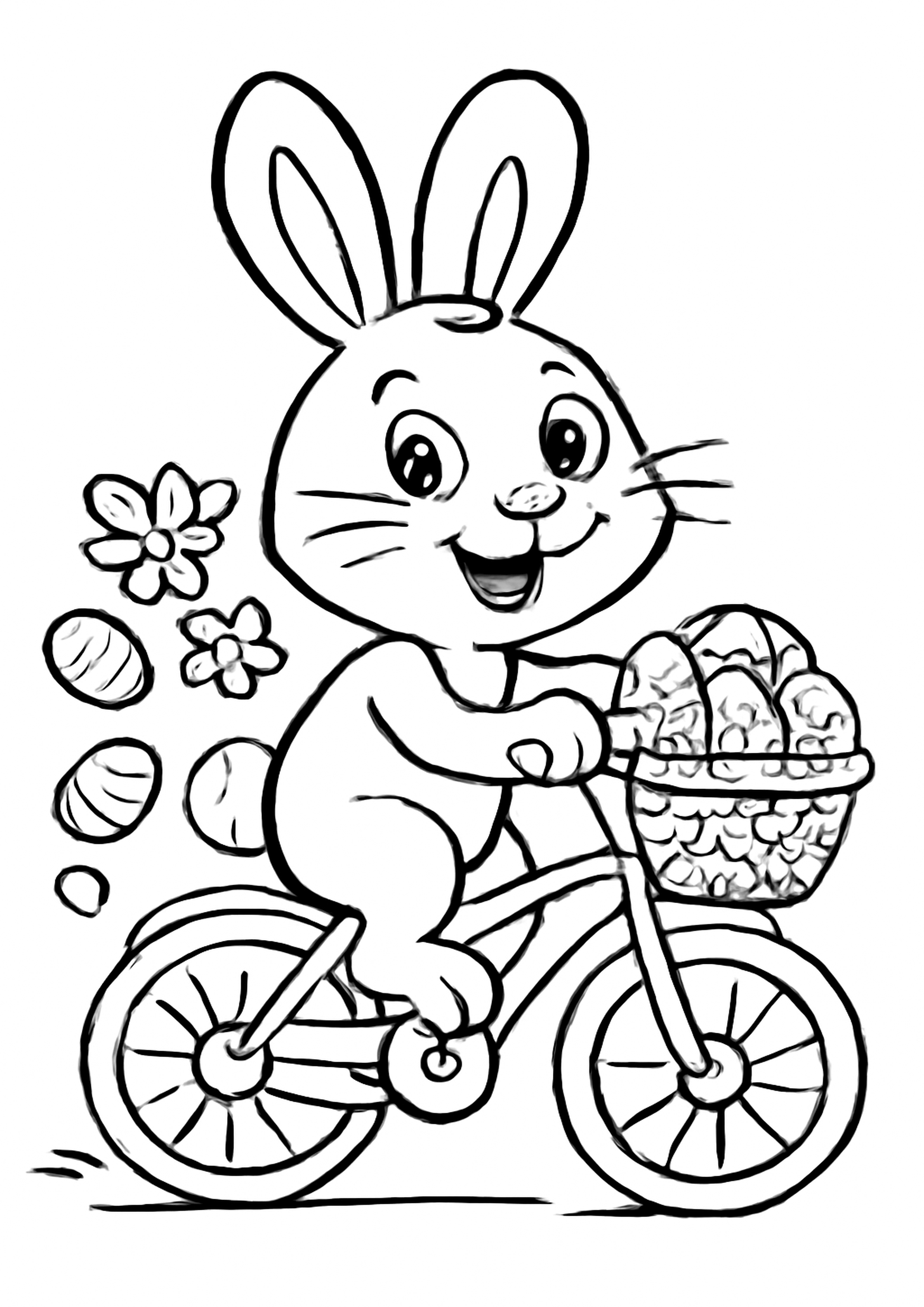 Coloriage lapin a velo avec oeufs a imprimer, dessin au trait simple pour enfants