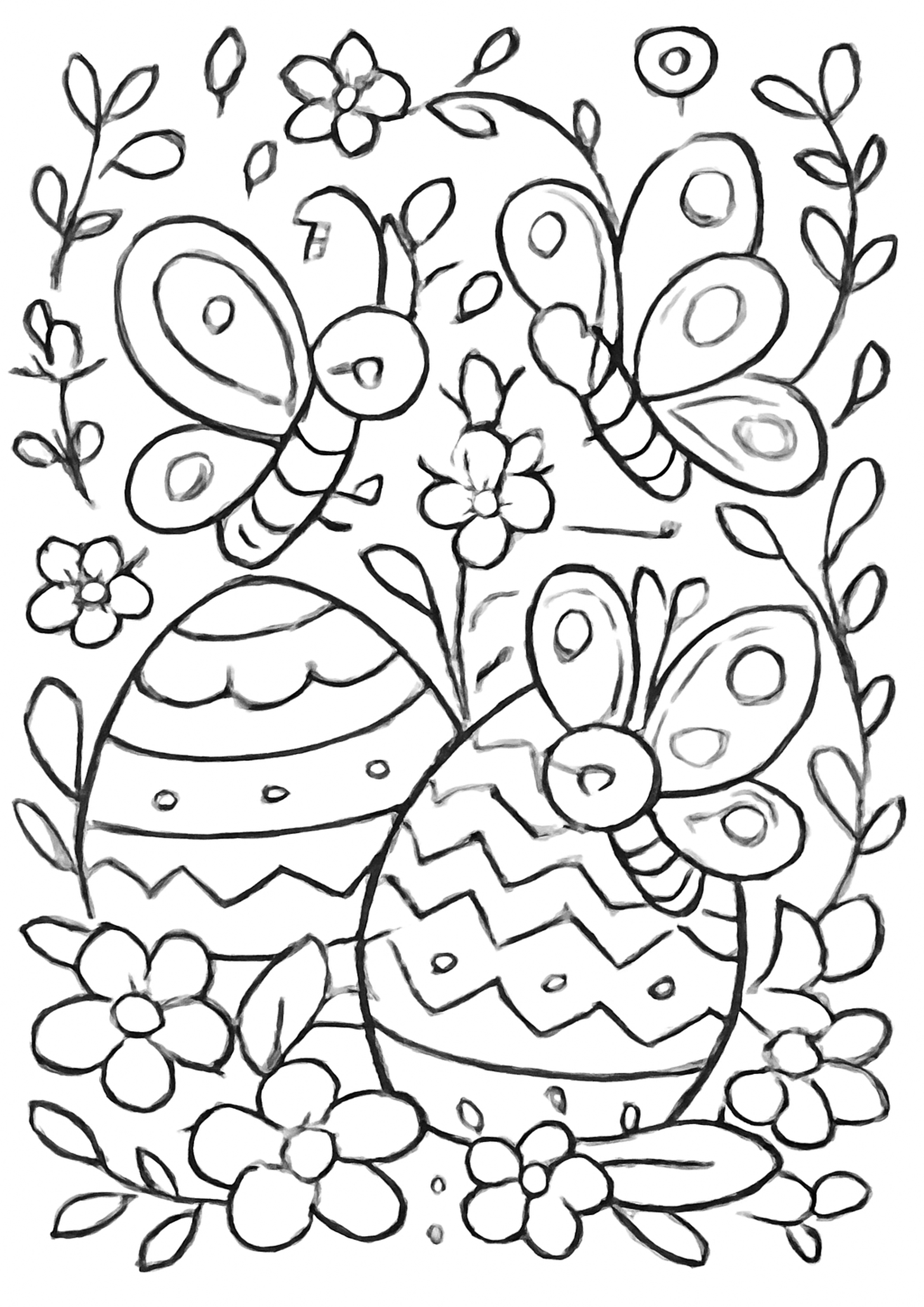 Coloriage papillons et oeufs en fleurs a imprimer, dessin au trait simple pour enfants