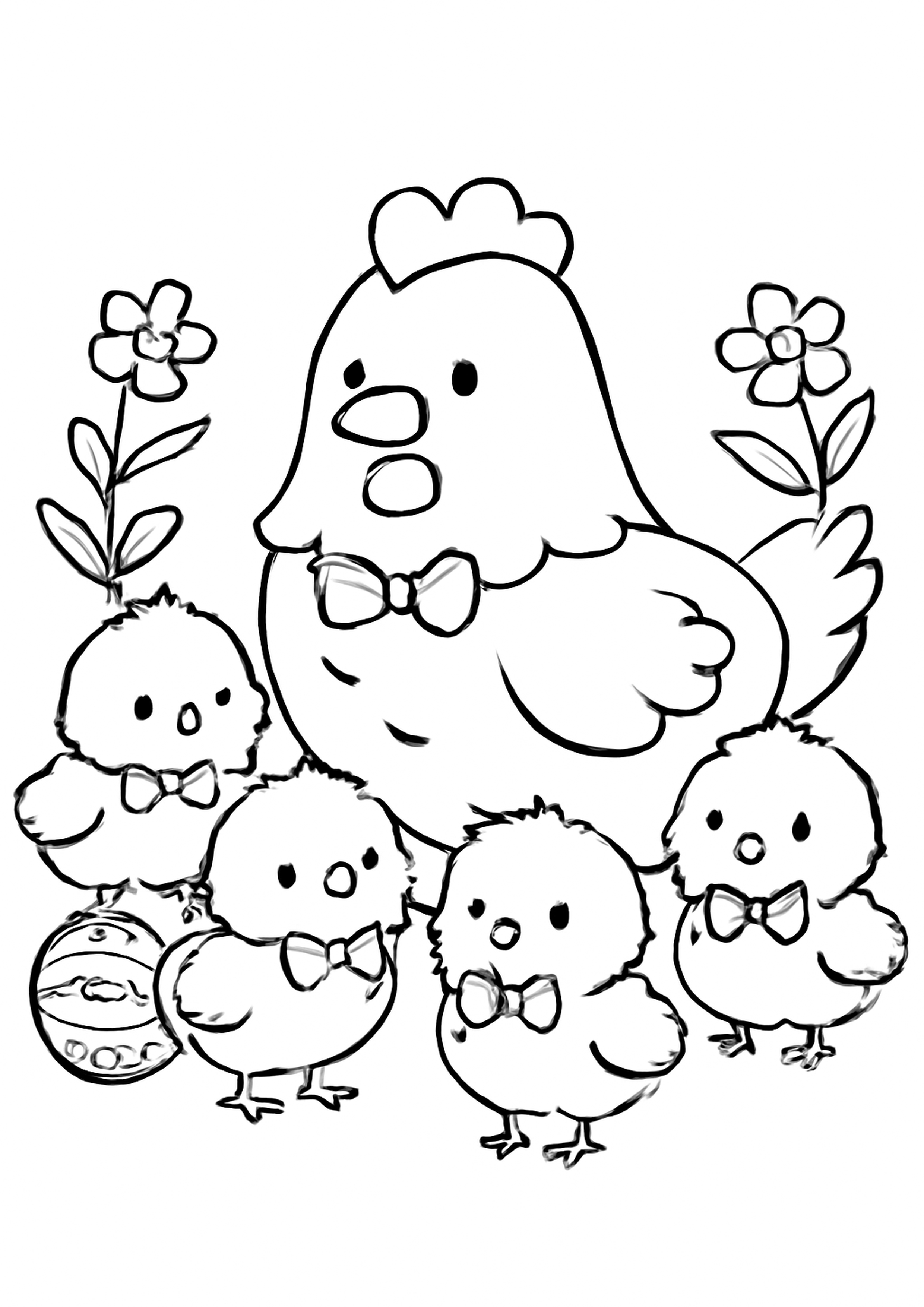 Coloriage poule et ses poussins a imprimer, dessin au trait simple pour enfants