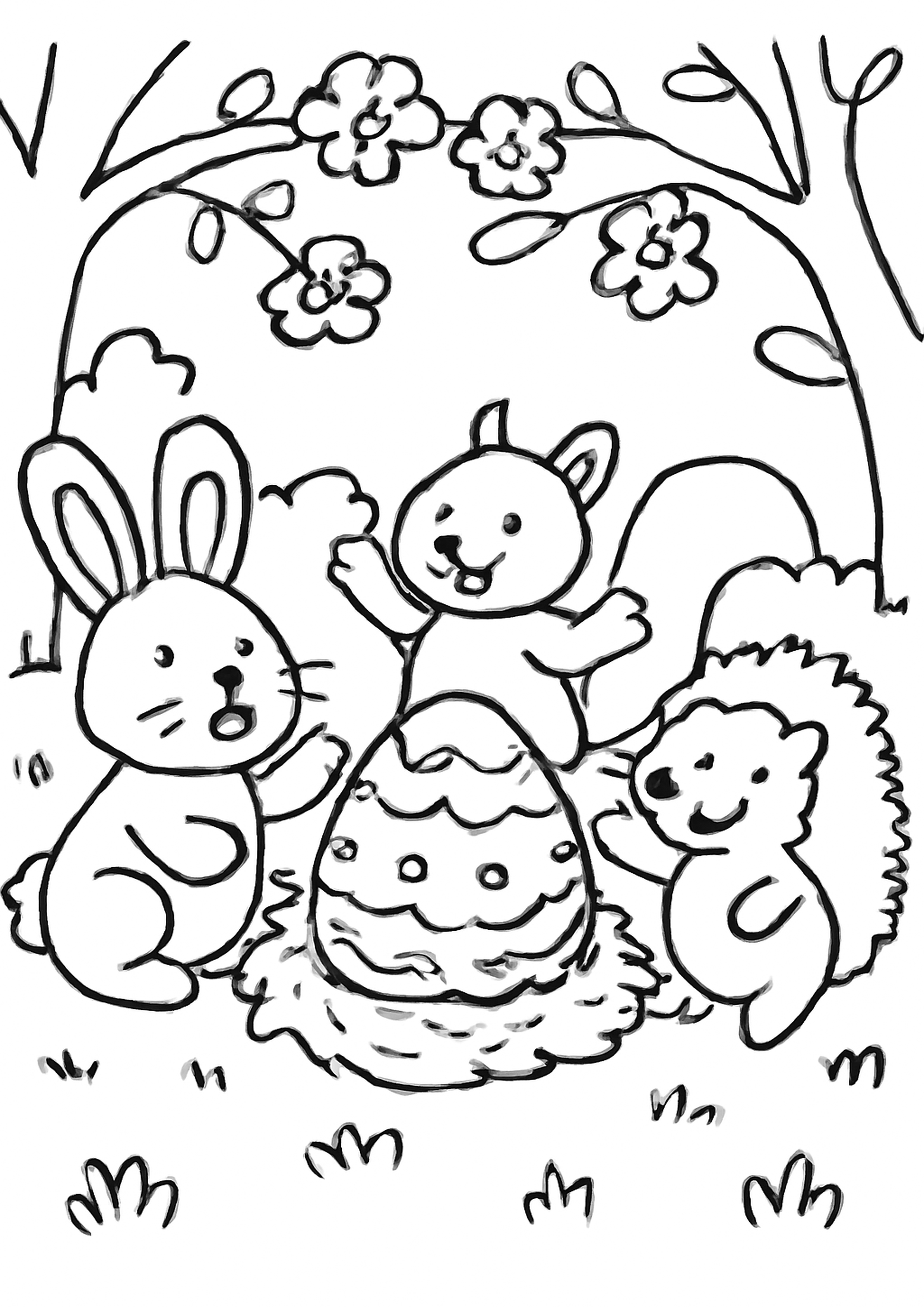 Coloriage paques dans la foret a imprimer, dessin au trait simple pour enfants