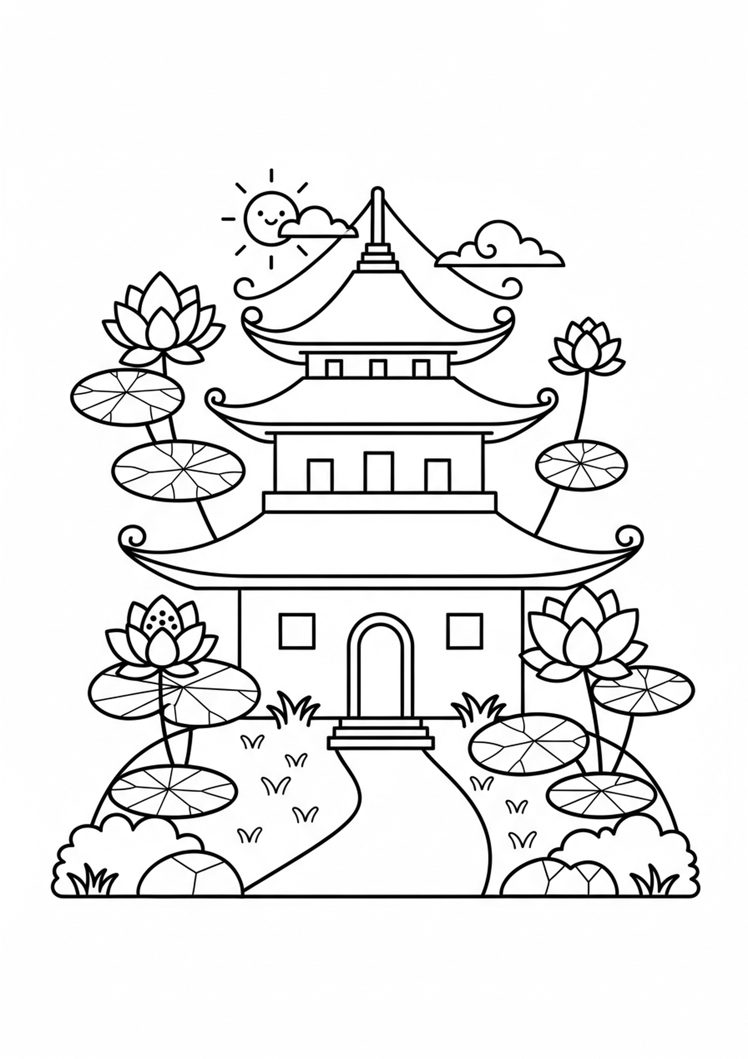 Coloriage temple bouddhiste a imprimer, dessin au trait simple pour enfants