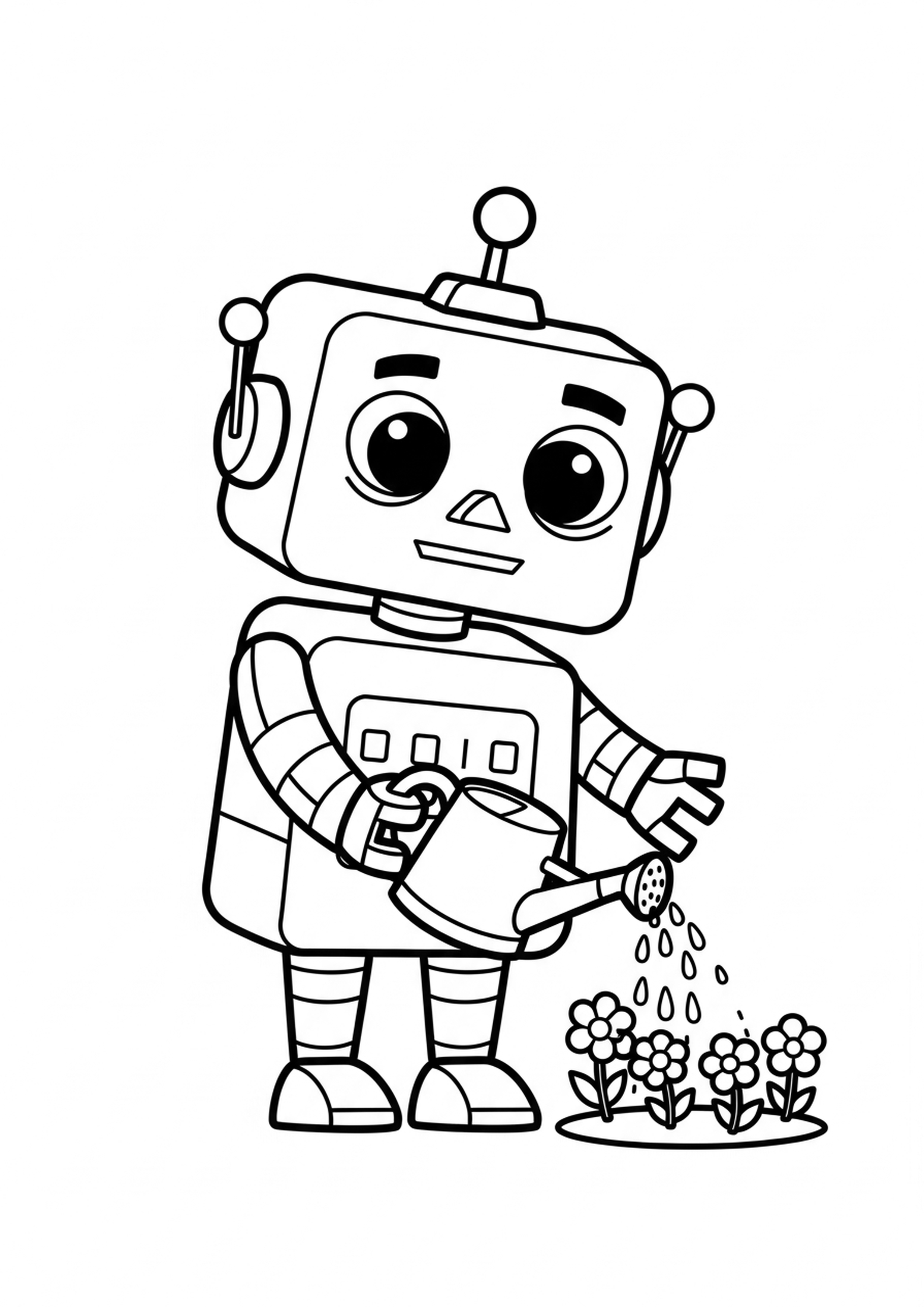 Coloriage robot jardinier a imprimer, dessin au trait simple pour enfants