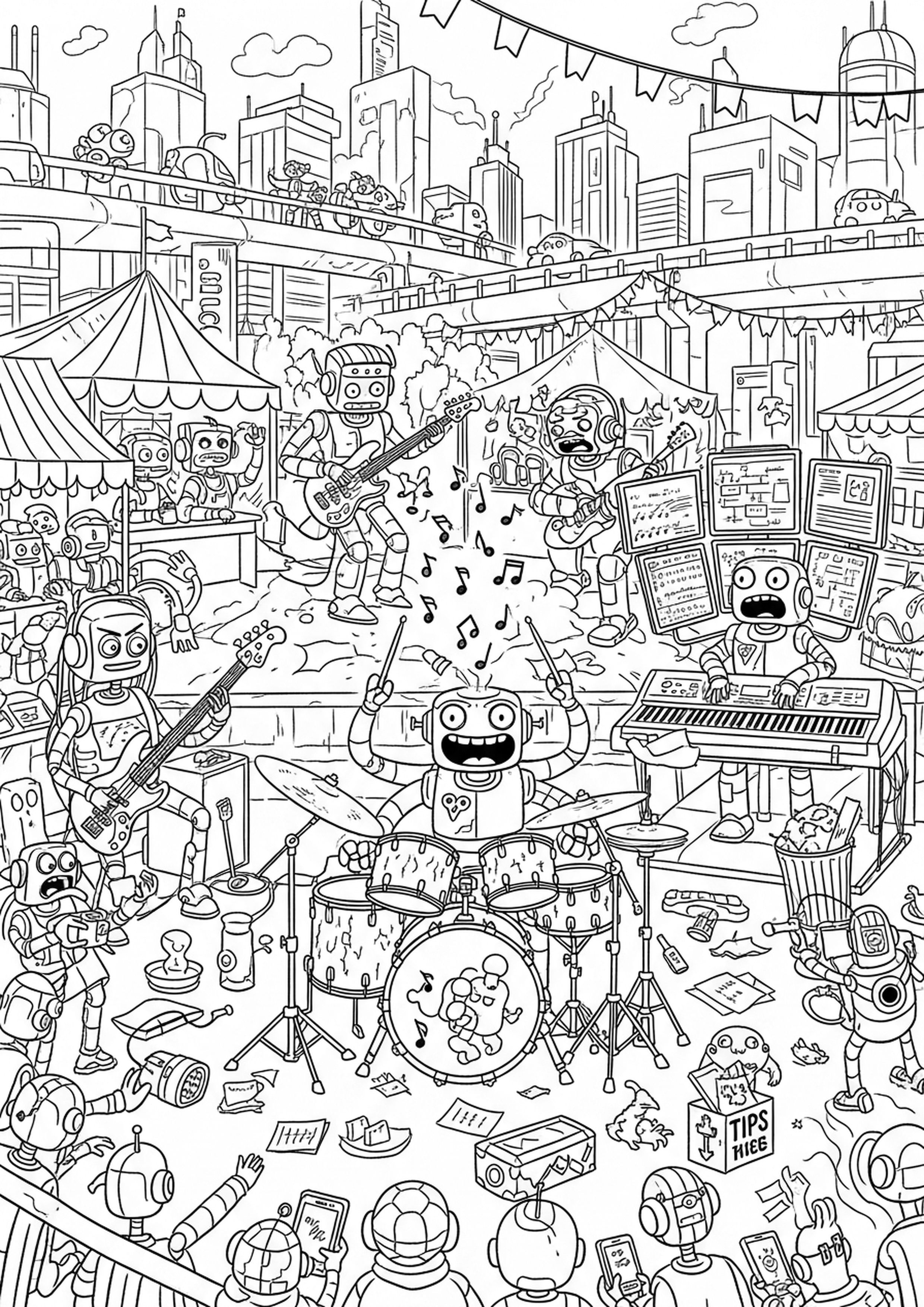 Coloriage robot musicien a imprimer, dessin au trait simple pour enfants
