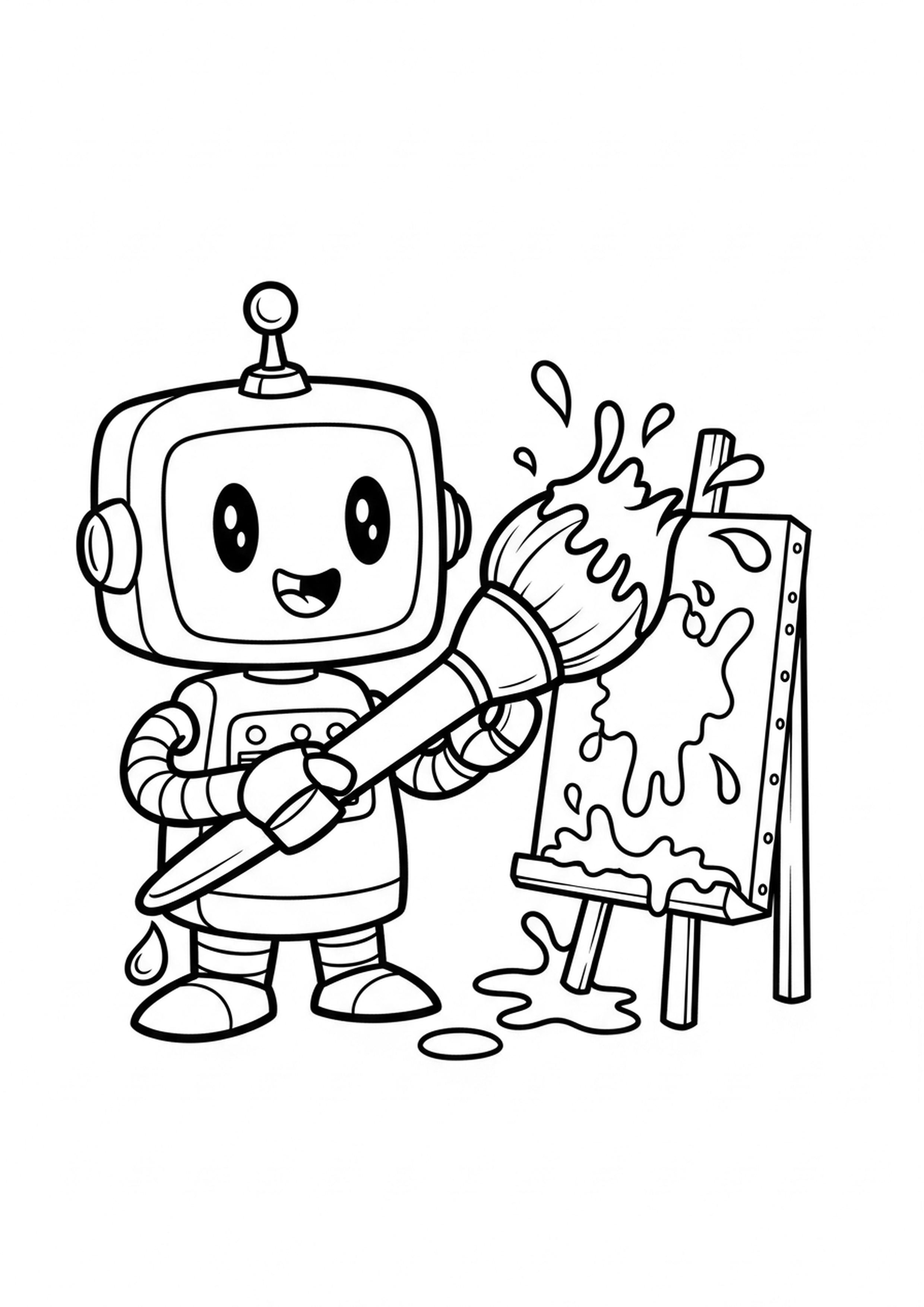 Coloriage robot peintre a imprimer, dessin au trait simple pour enfants