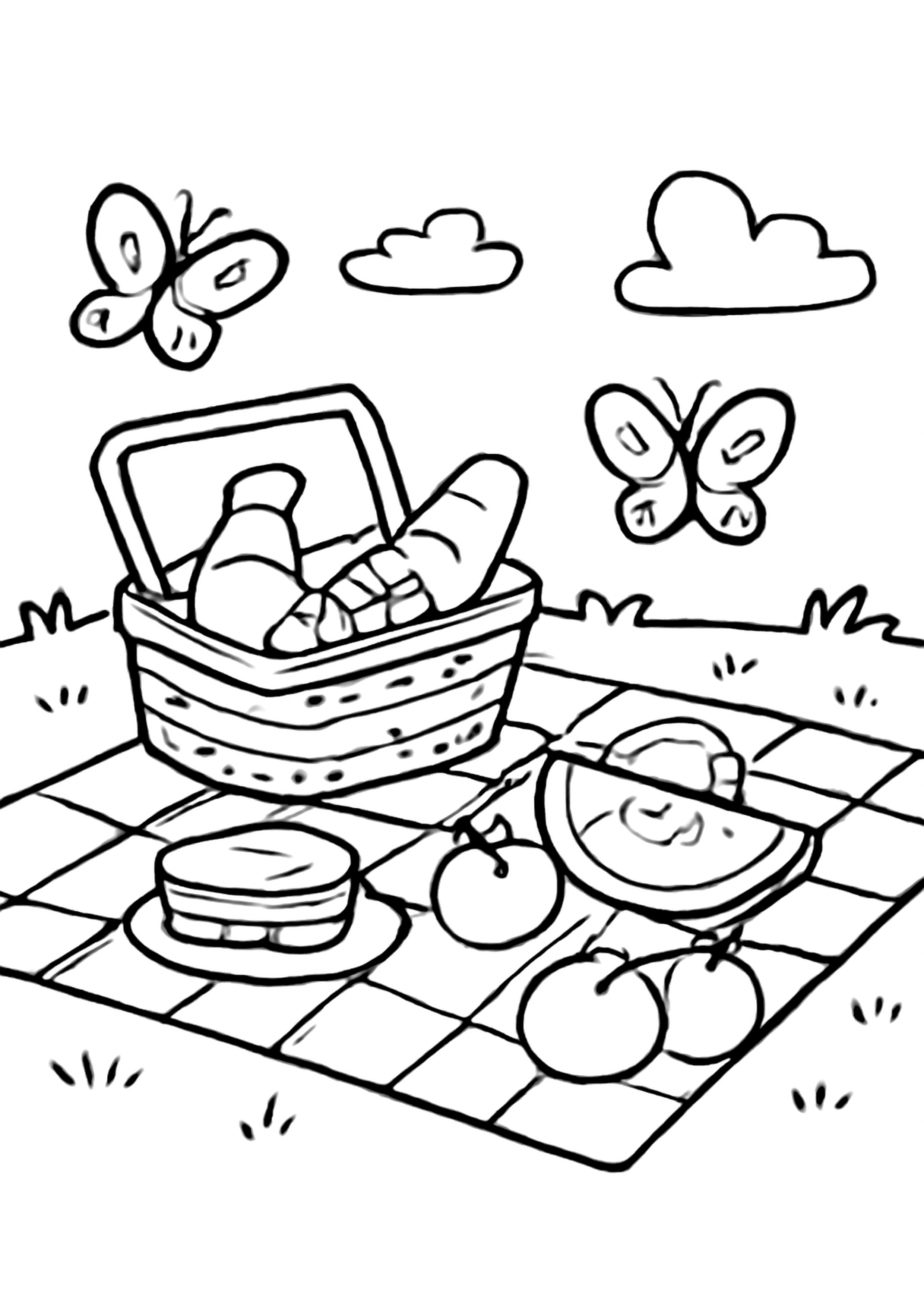 Coloriage pique-nique d'ete a imprimer, dessin au trait simple pour enfants