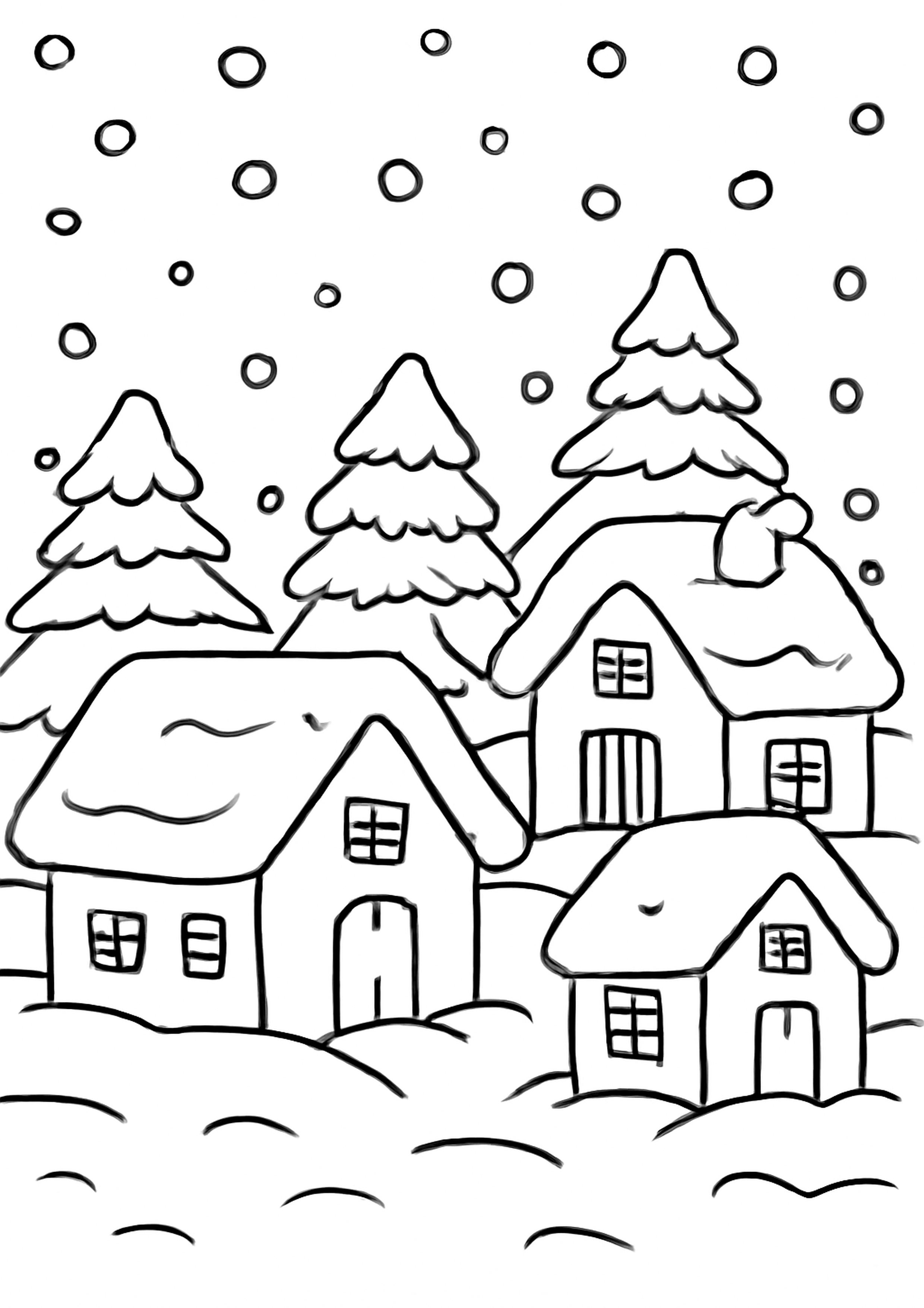 Coloriage neige de l'hiver a imprimer, dessin au trait simple pour enfants
