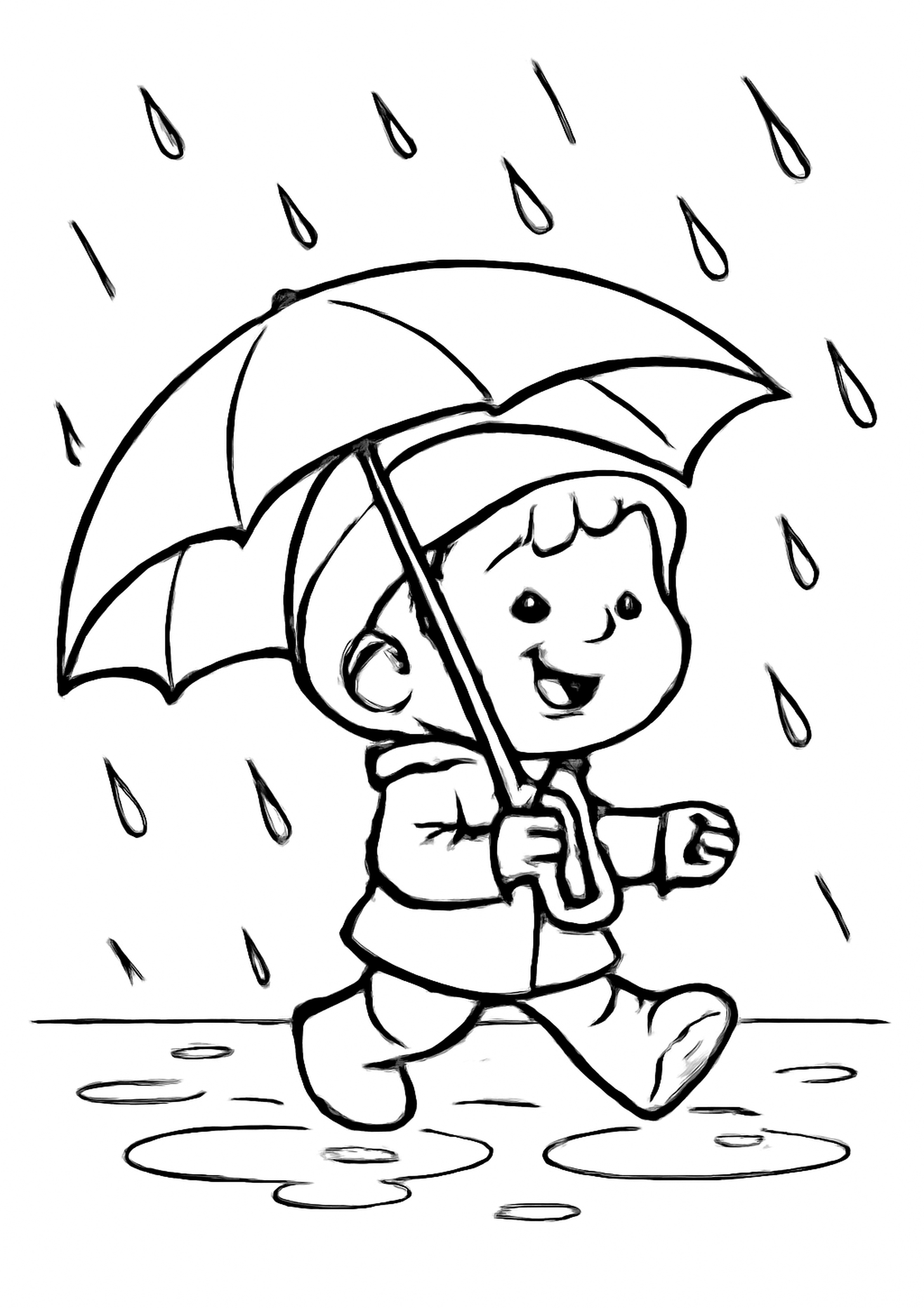 Coloriage pluie de printemps a imprimer, dessin au trait simple pour enfants