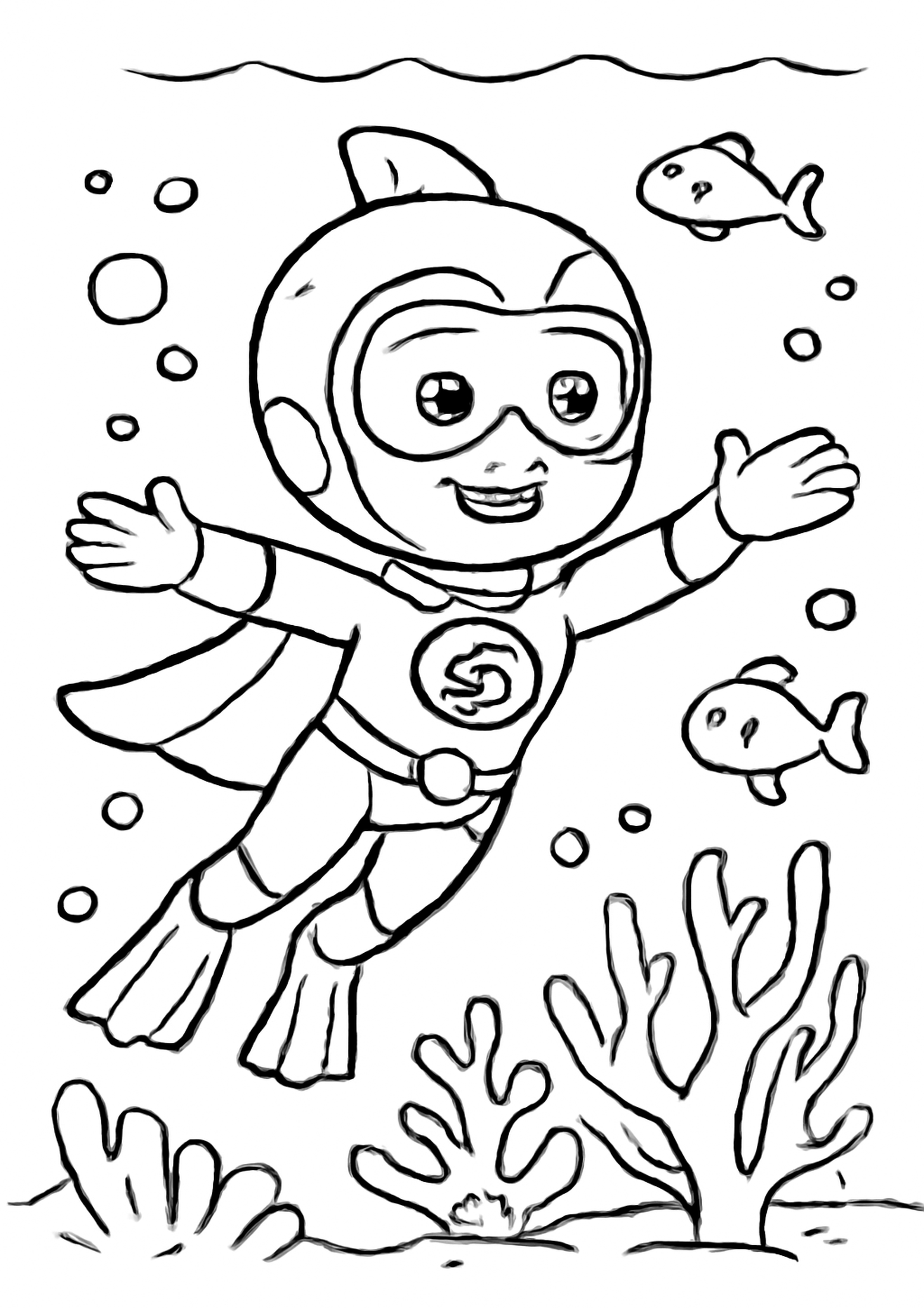 Coloriage super-heros aquatique a imprimer, dessin au trait simple pour enfants