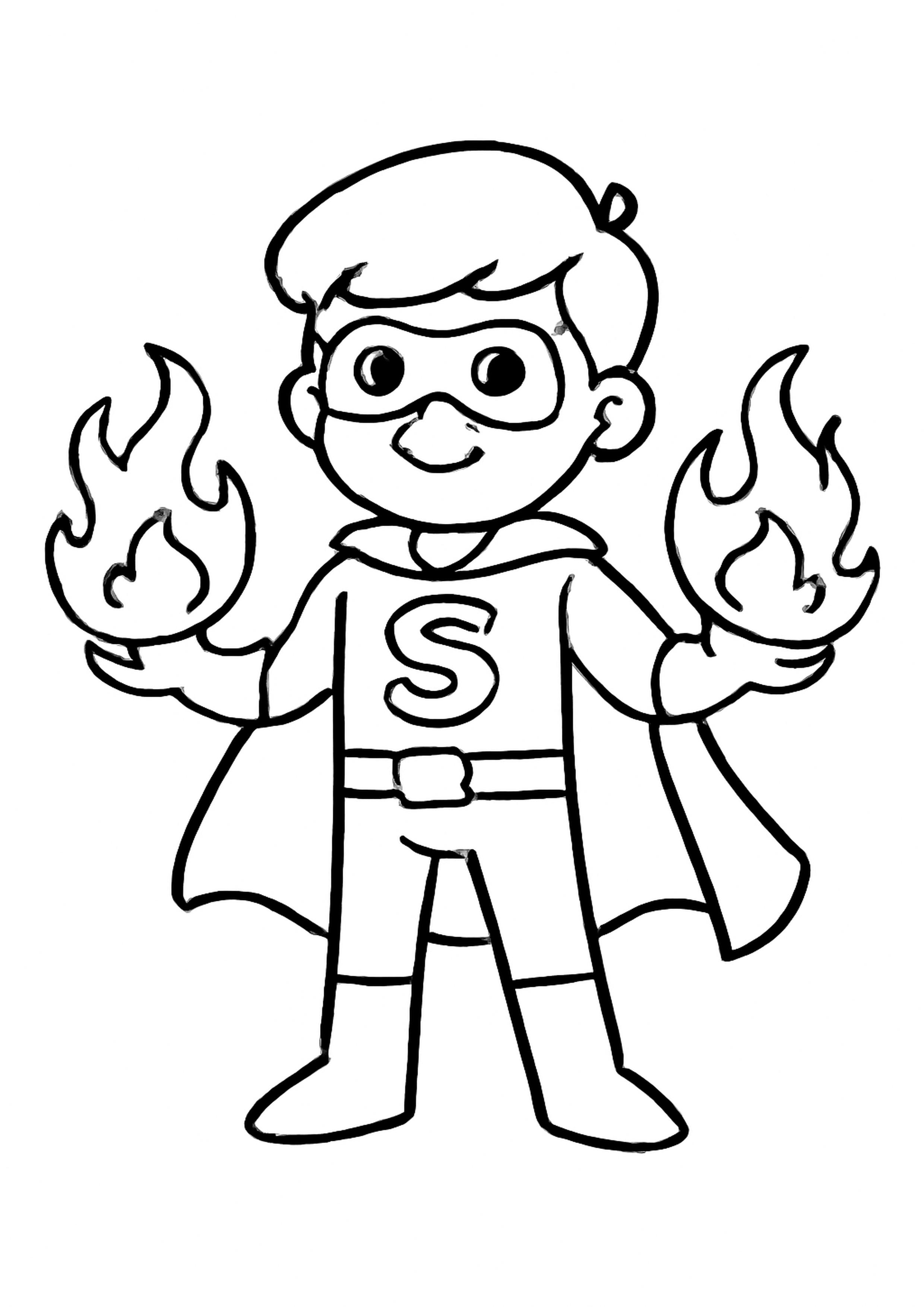 Coloring page of fire superhero, simple line drawing for children