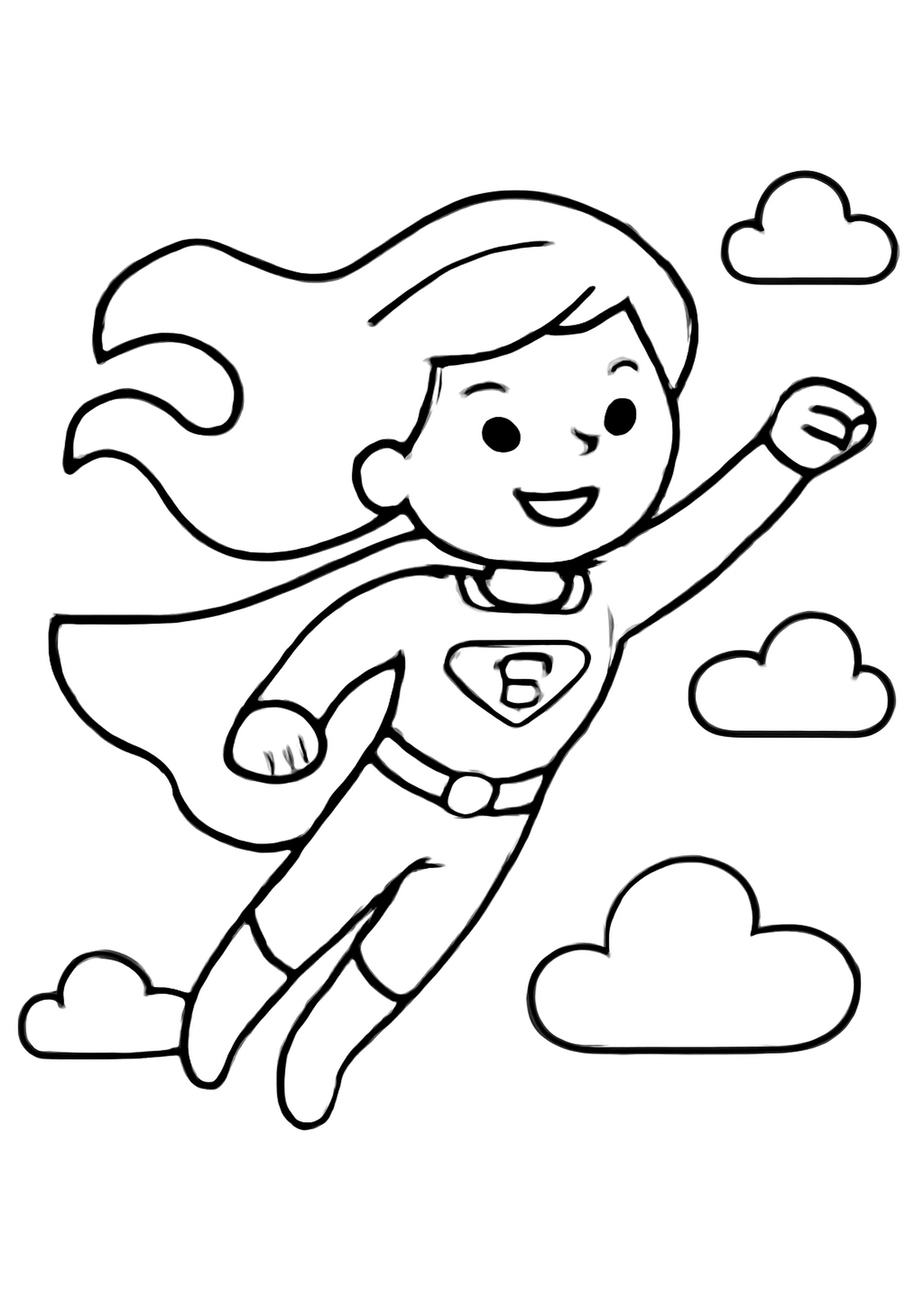Coloriage super-heroine volante a imprimer, dessin au trait simple pour enfants
