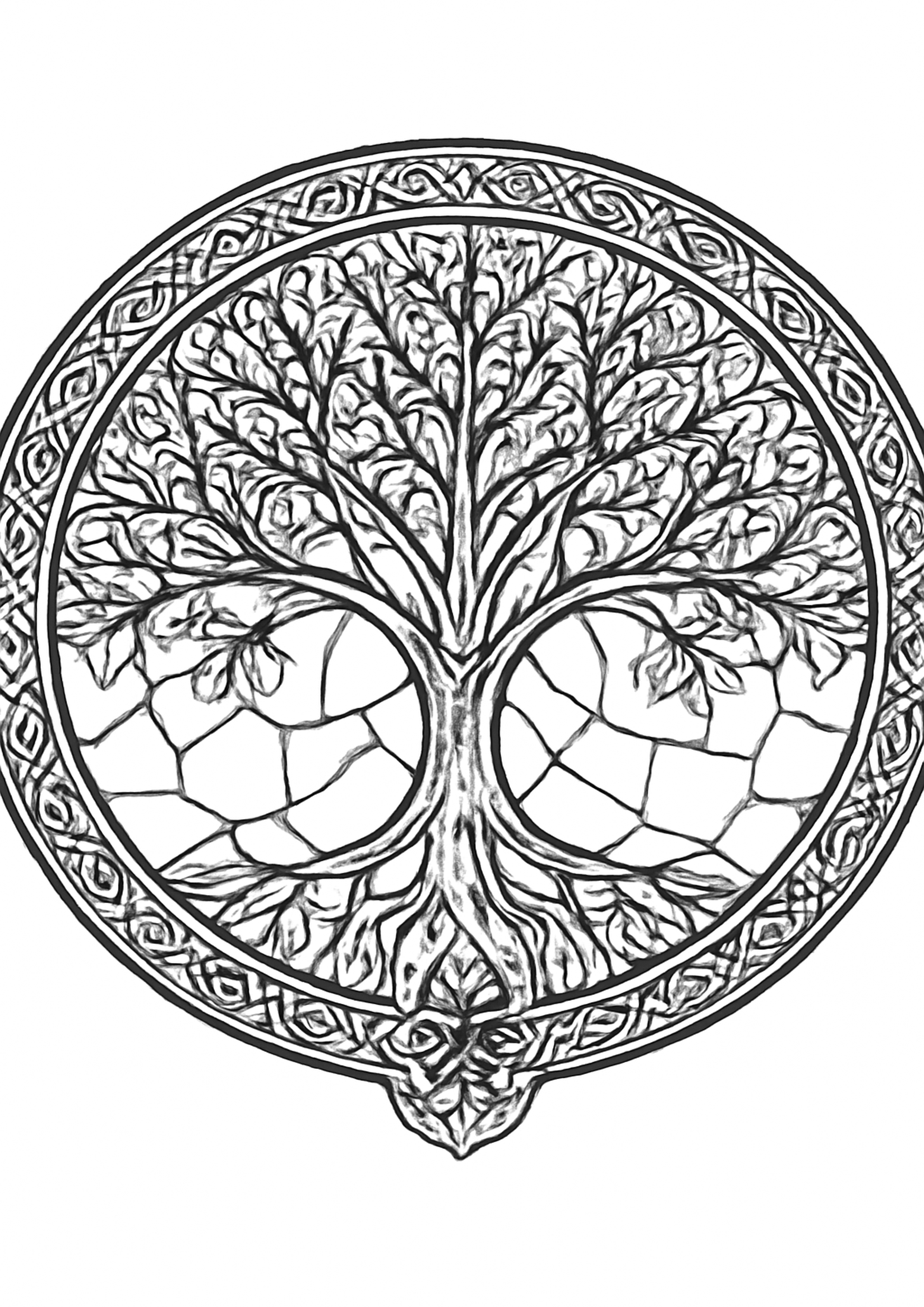Coloriage arbre de vie en vitrail a imprimer, dessin au trait simple pour enfants