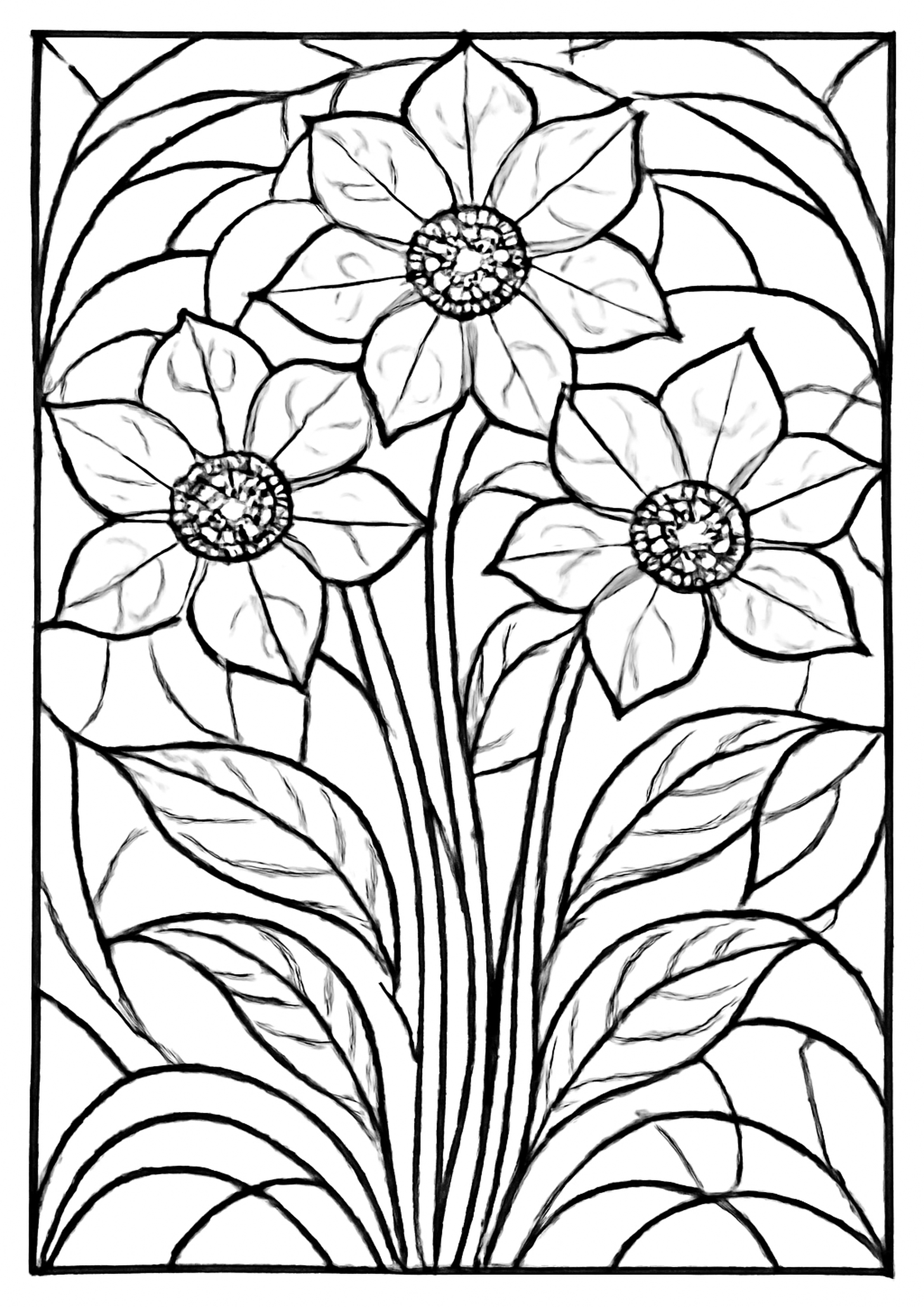 Coloriage fleurs geometriques en vitrail a imprimer, dessin au trait simple pour enfants