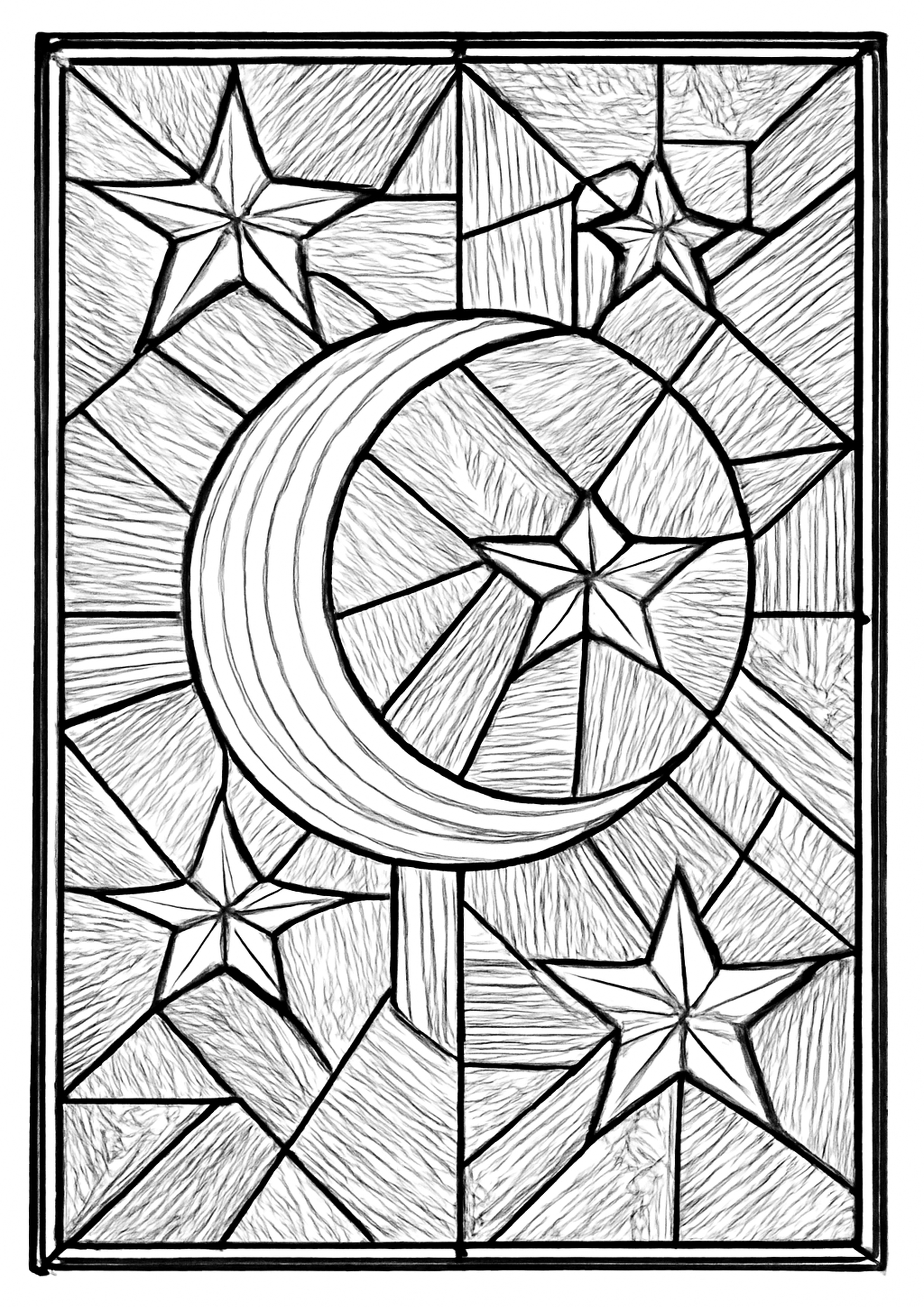 Coloriage lune et etoiles en vitrail a imprimer, dessin au trait simple pour enfants