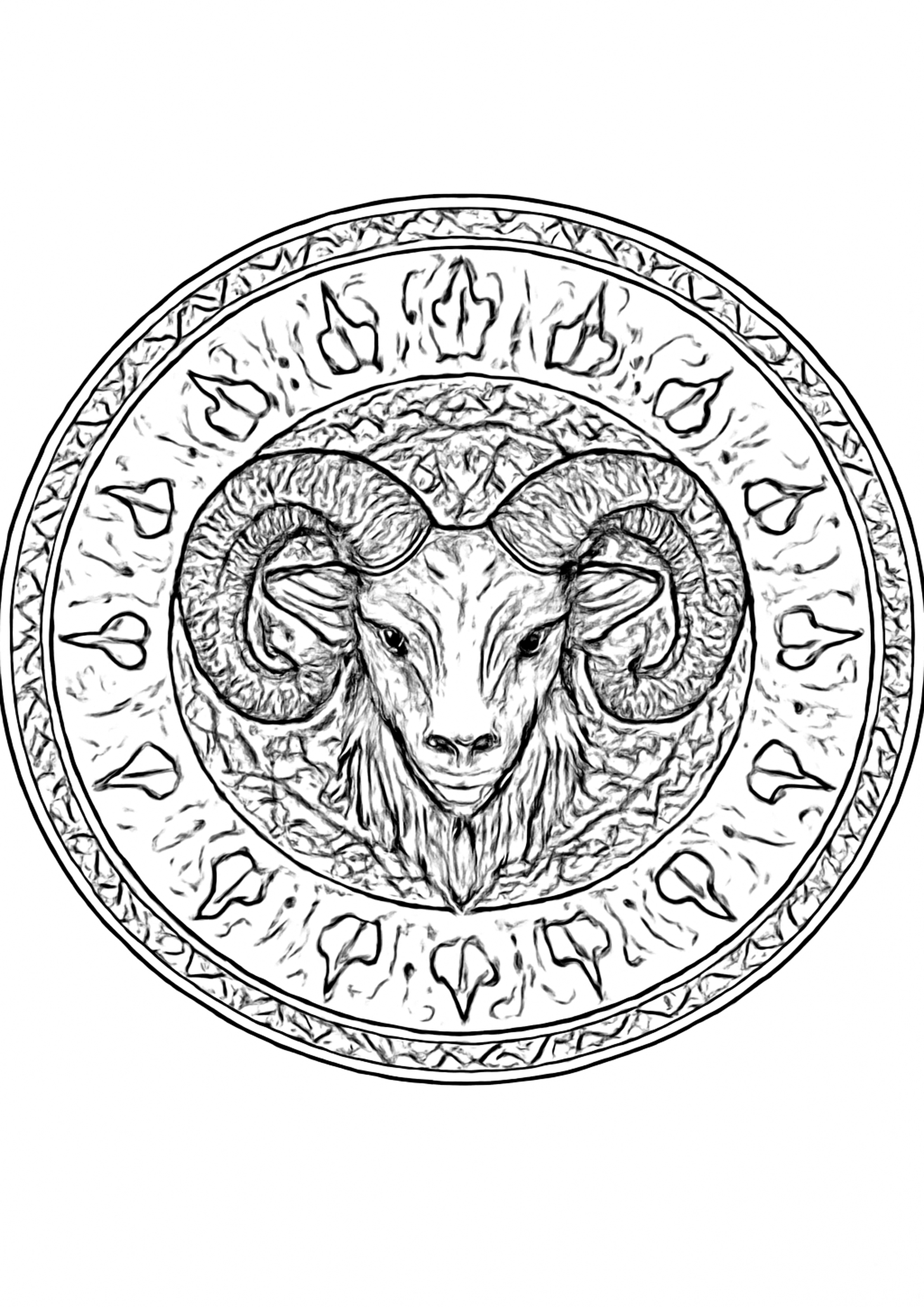 Coloriage belier - mandala zodiaque a imprimer, dessin au trait simple pour enfants