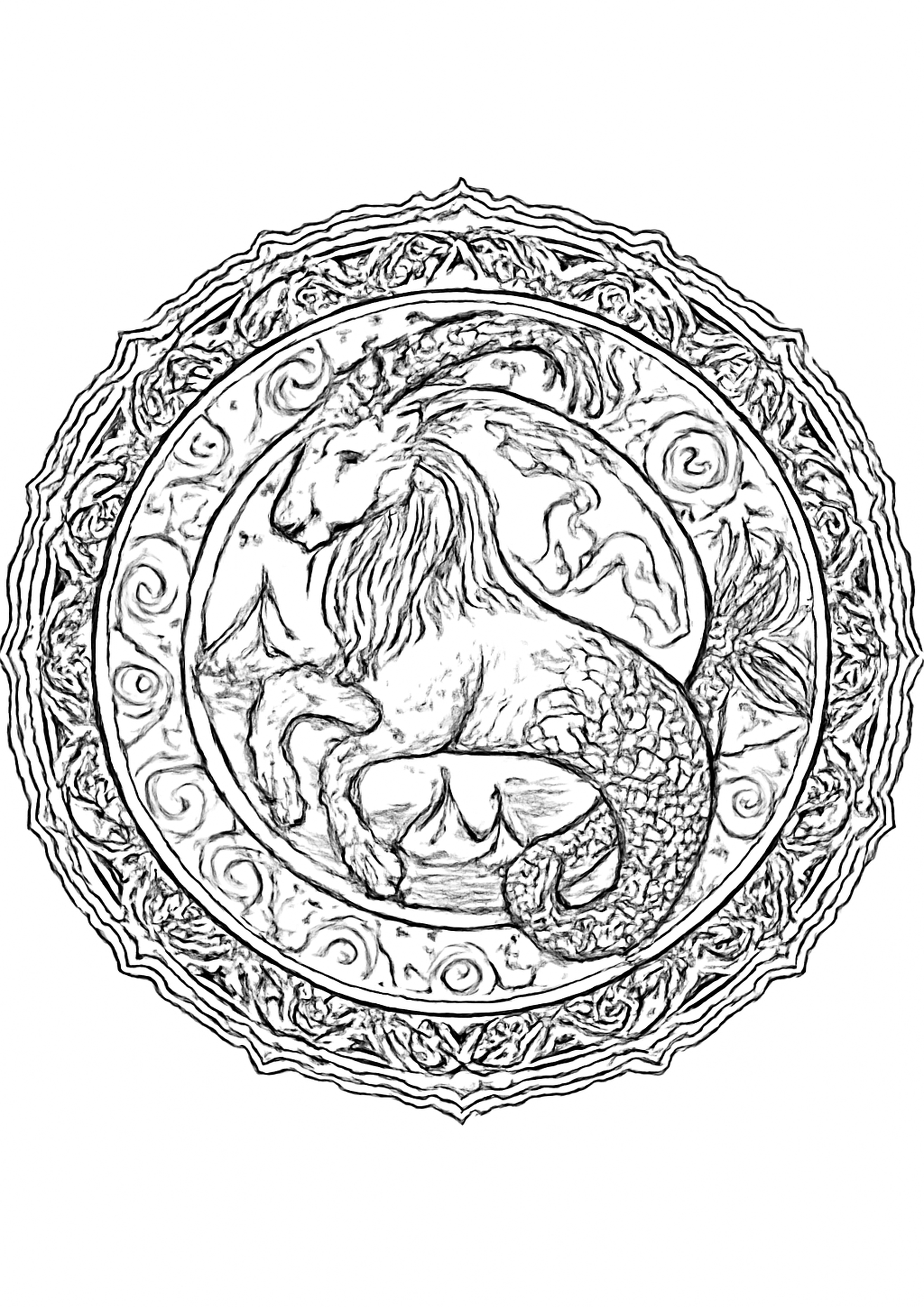 Coloriage capricorne - mandala zodiaque a imprimer, dessin au trait simple pour enfants