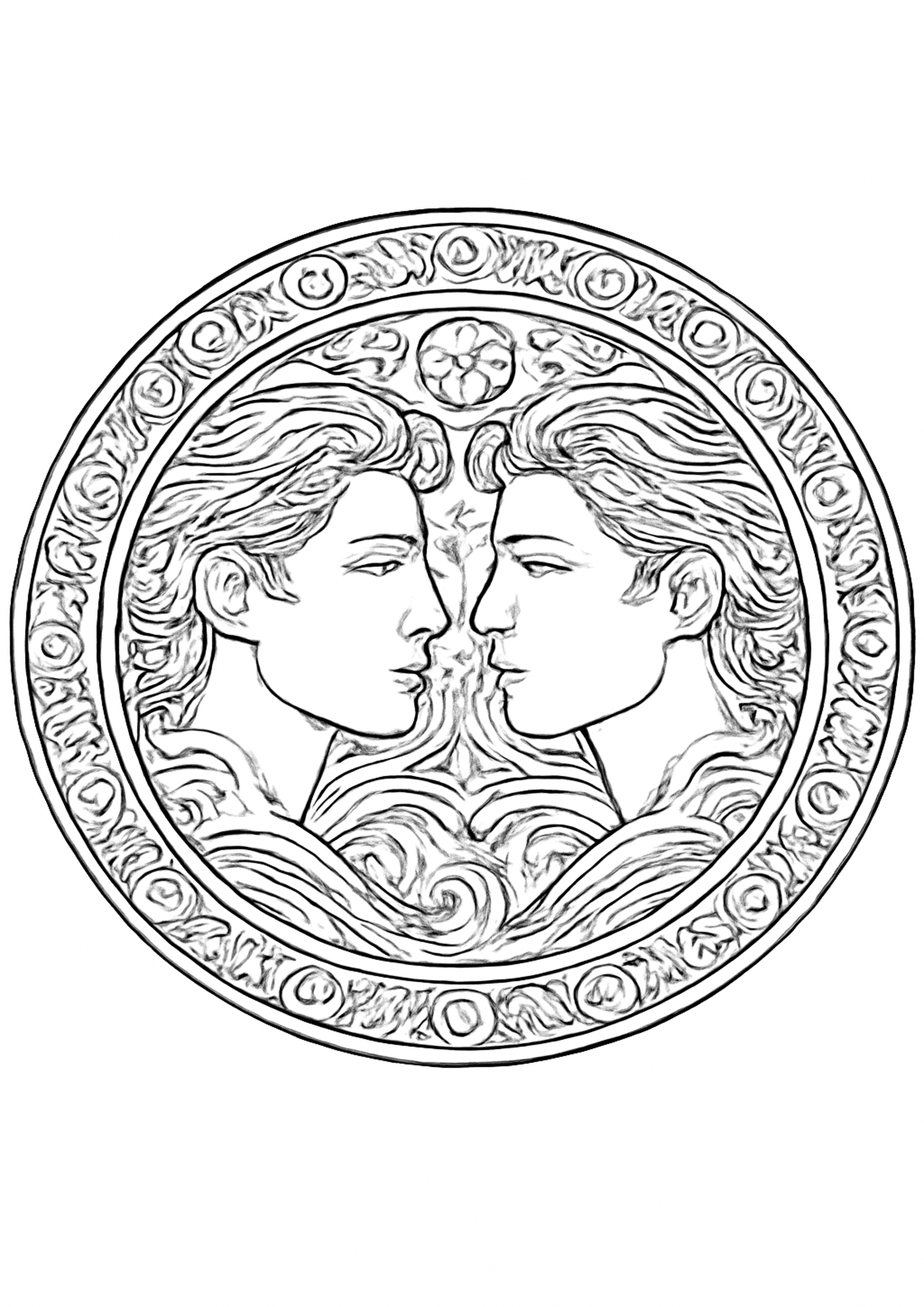 Coloriage gemeaux - mandala zodiaque a imprimer, dessin au trait simple pour enfants