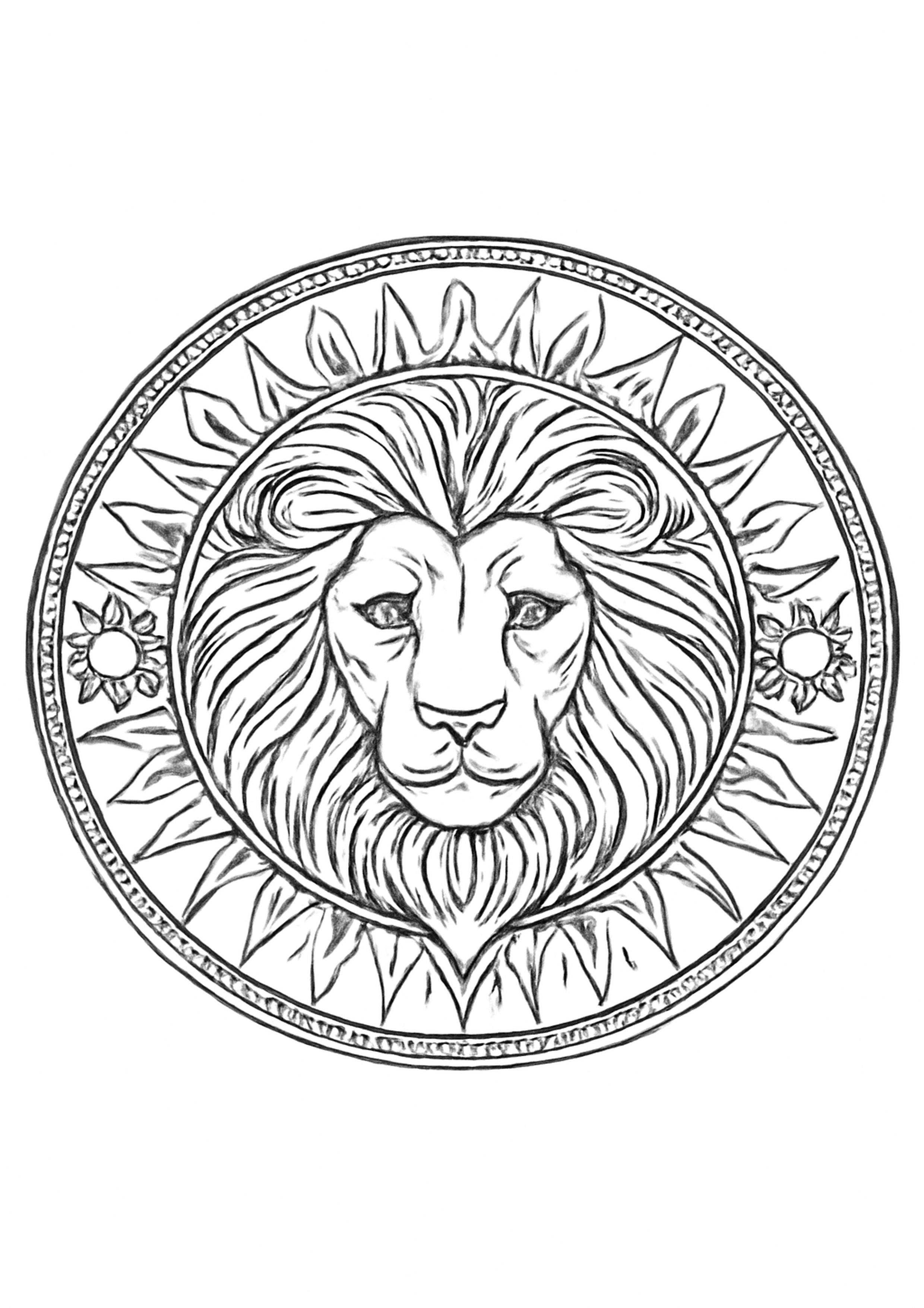 Coloriage lion - mandala zodiaque a imprimer, dessin au trait simple pour enfants
