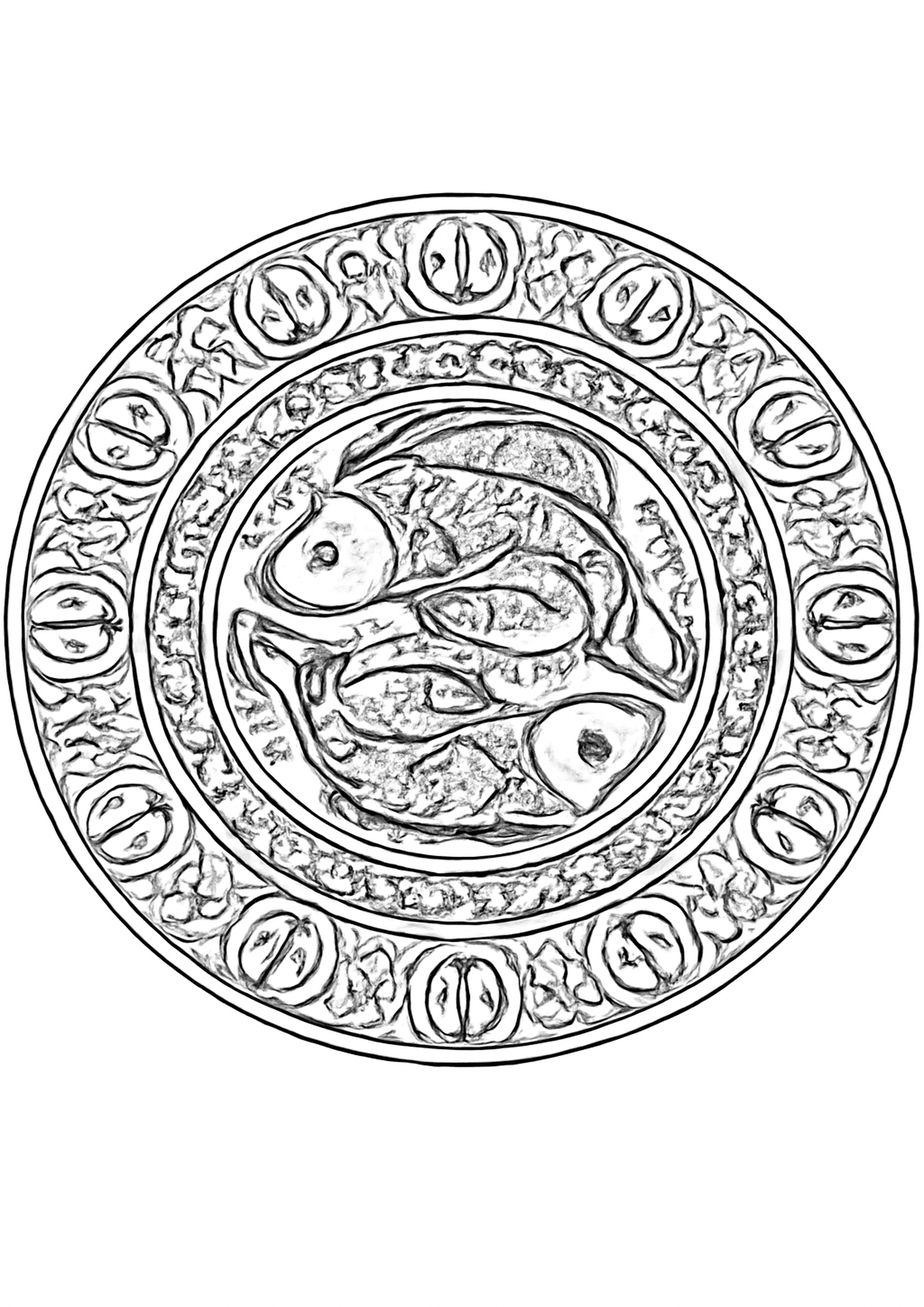 Coloriage poissons - mandala zodiaque a imprimer, dessin au trait simple pour enfants