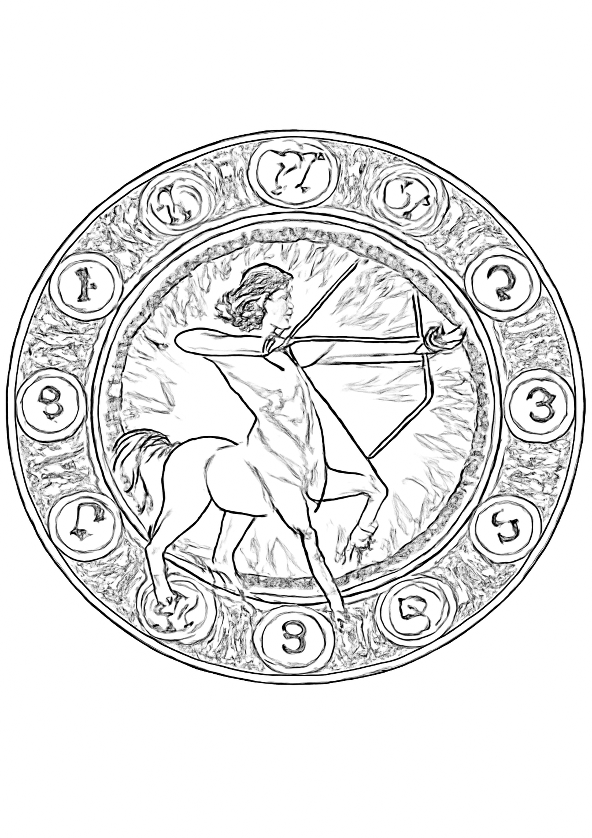 Coloriage sagittaire - mandala zodiaque a imprimer, dessin au trait simple pour enfants