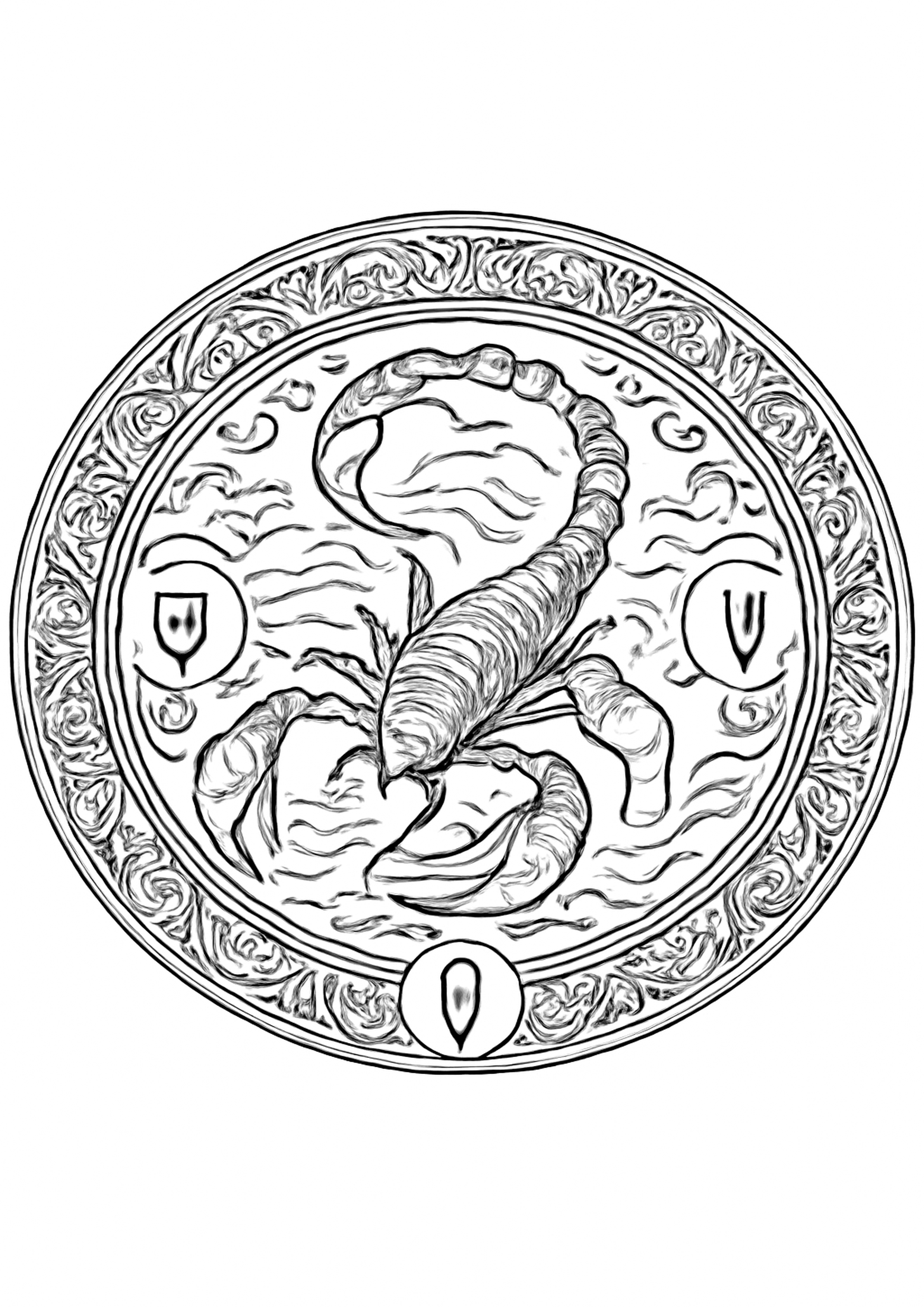 Coloriage scorpion - mandala zodiaque a imprimer, dessin au trait simple pour enfants